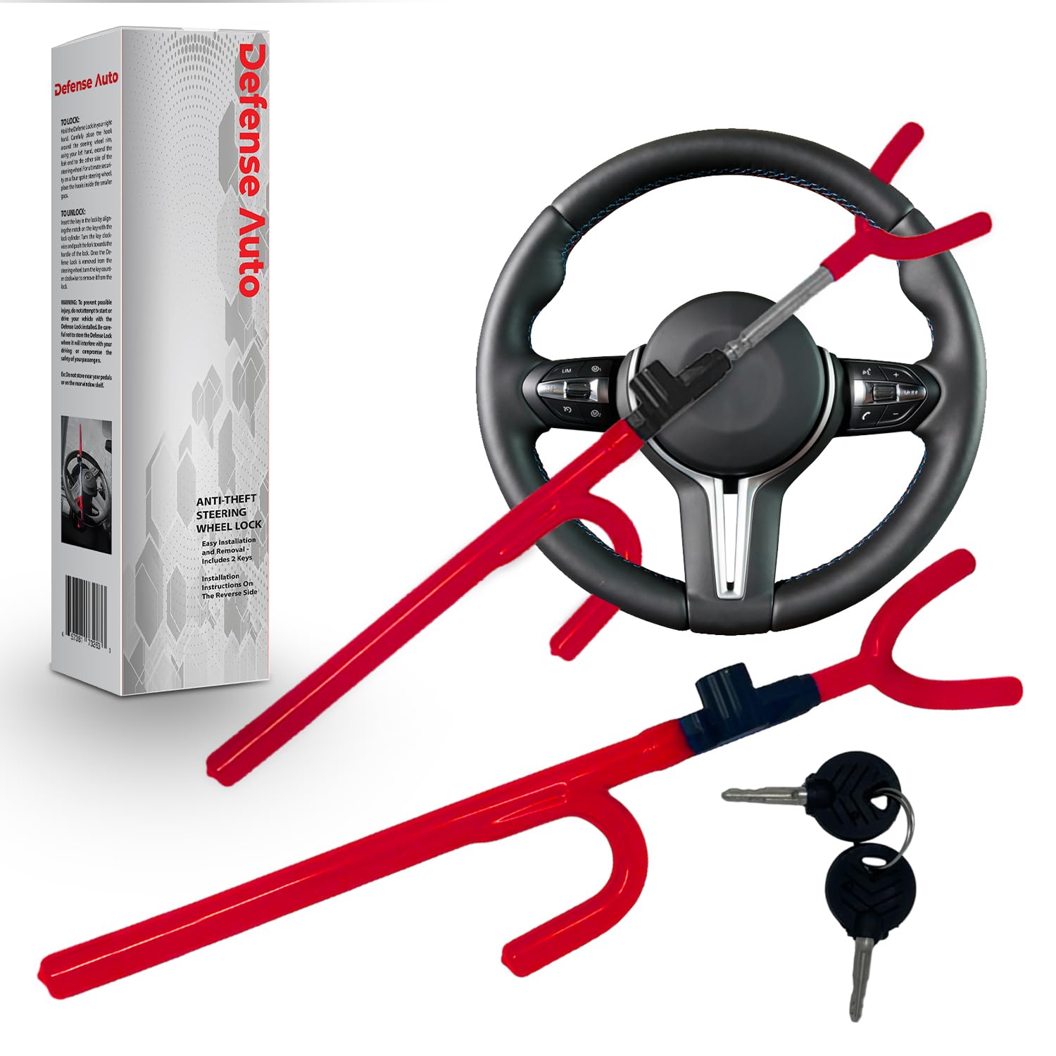 Premium Anti-Theft Car Steering Wheel Lock - Adjustable Length Security Device for Cars, Trucks, Vans & SUVs | Durable Theft Protection | Perfect for Parking Security & Vehicle Safety | Red
