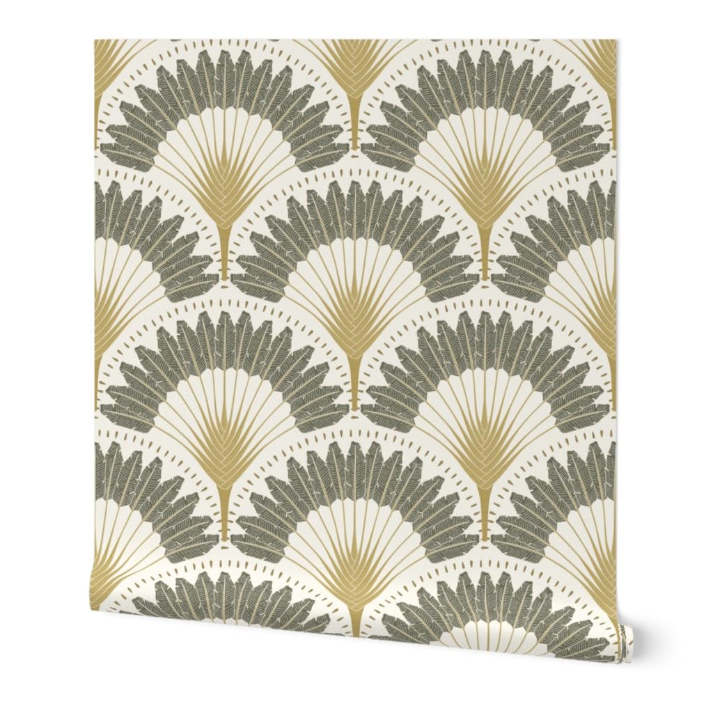 Peel & Stick Removable Wallpaper 3ft x 2ft - Neutral Botanicals with Palms & Art Deco Fans | Trendy Custom Wallpaper by Spoonflower | Perfect for Bedroom, Living Room & Home Office Decor