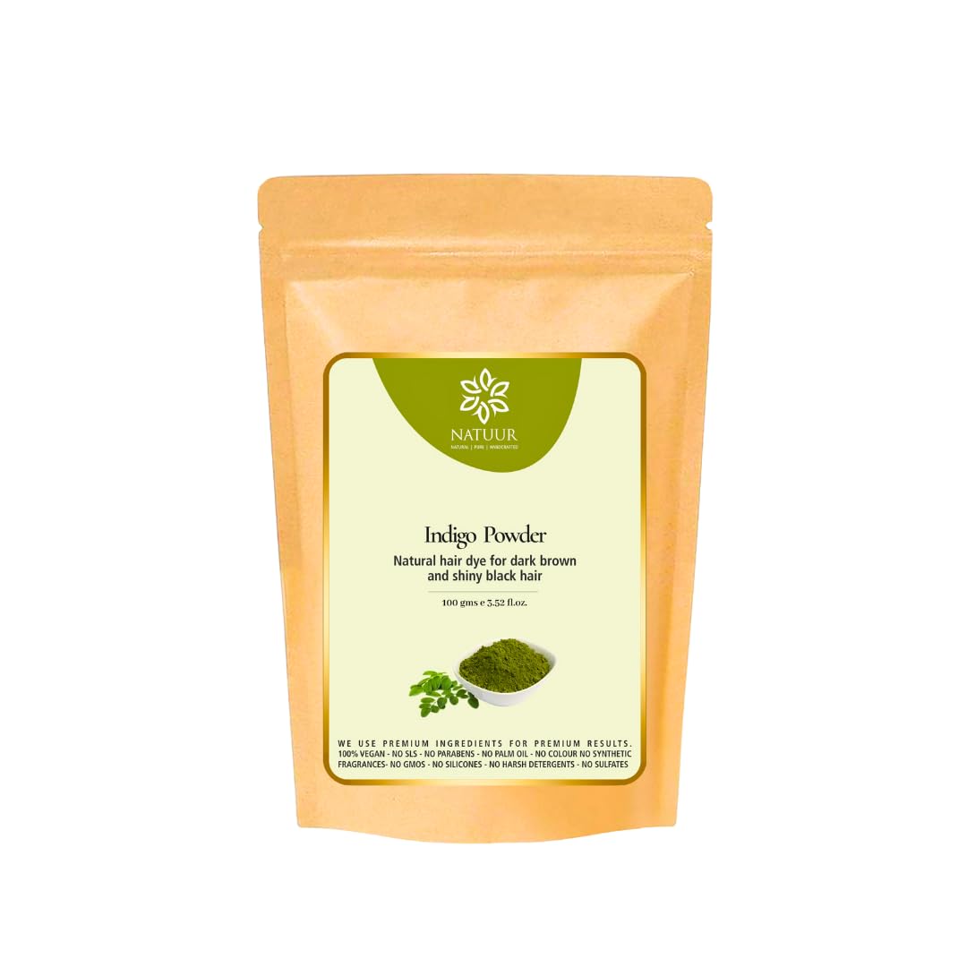 NATUUR - 100% Natural Indigo Powder Hair Dye (100g) - Dark Brown to Shiny Black | Chemical-Free, Vegan & Safe for All Hair Types | Long-Lasting Color with Glossy Finish | Grey Coverage & Hair Conditioning Treatment | Perfect for Home Use, Salons & DIY Hair Care