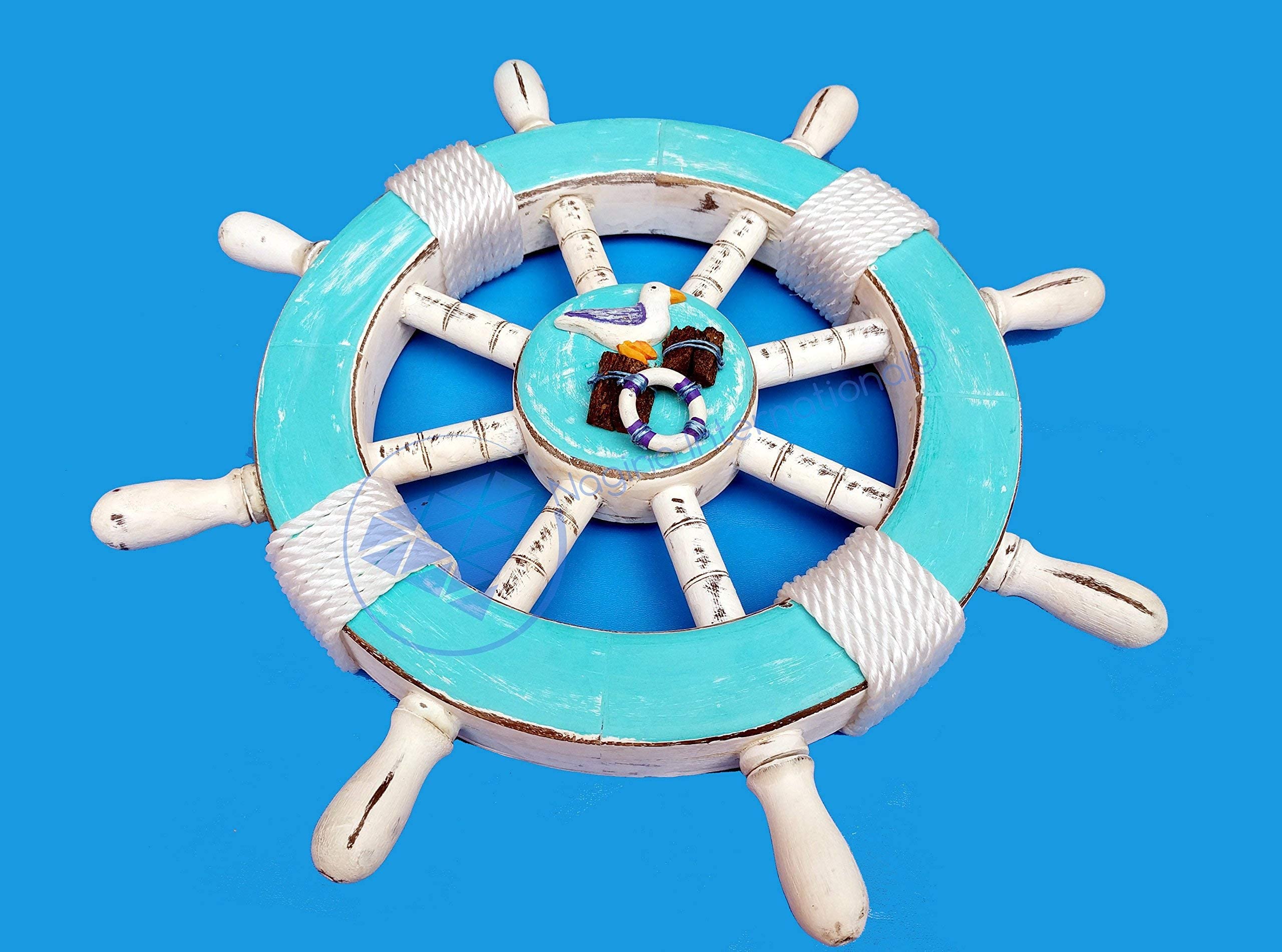 Nagina International Rustic Navy Blue Maritime Ship Wheel with Sea Shells - 30 Inch Pirate Themed Wall Decor for Nautical Home, Beach House, or Bar - Perfect as Unique Gift for Sailors and Sea Lovers