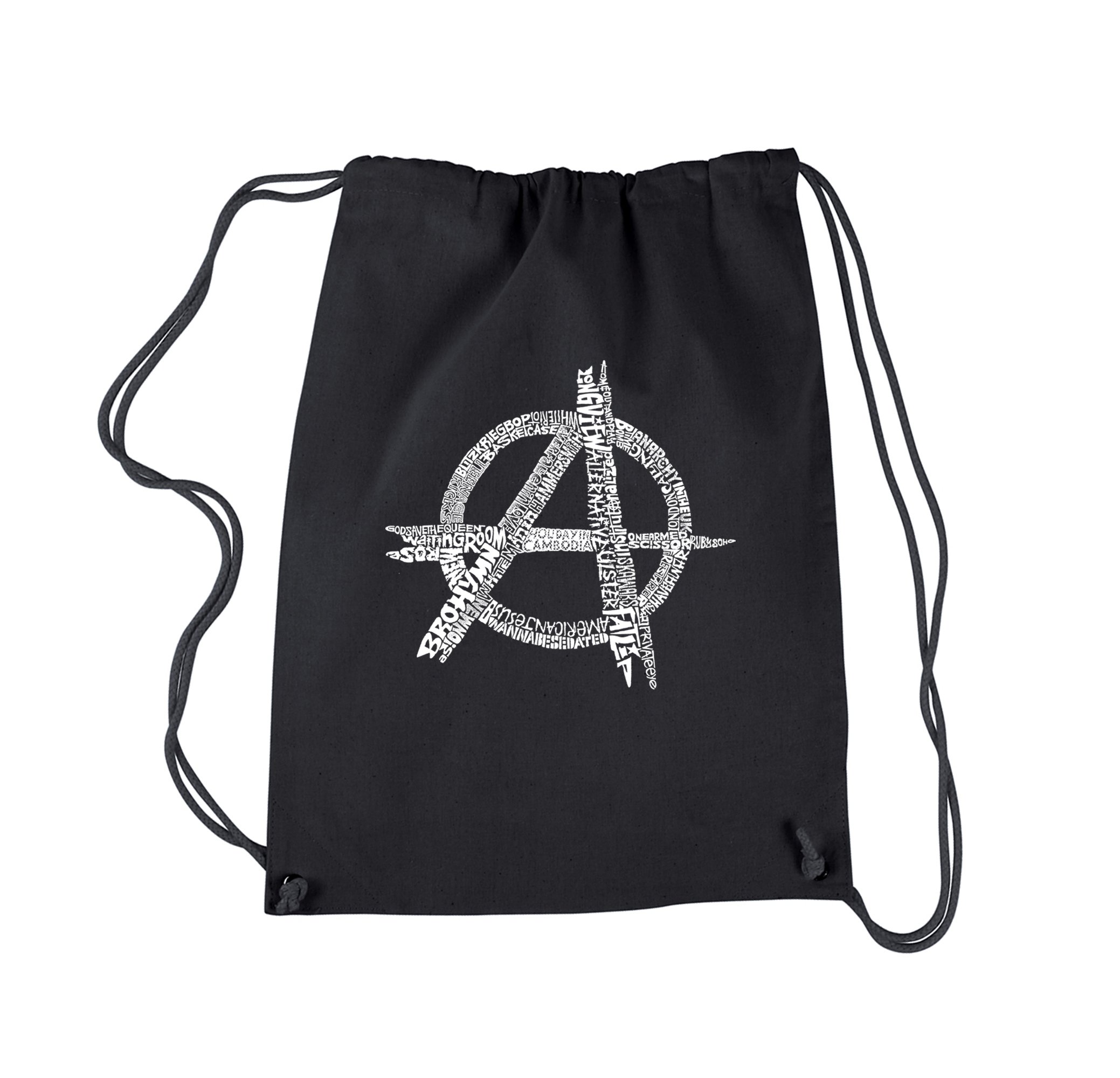 LA POP ART Drawstring Word Art Backpack - Punk Music Inspired Design - Black Canvas Backpack for School, Travel & Concerts