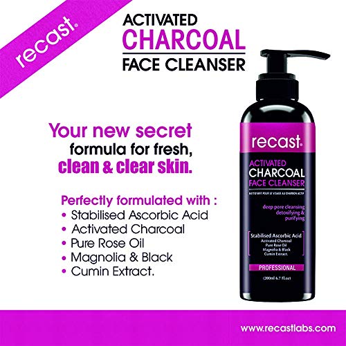 Recast Activated Charcoal Face Cleanser - Detoxifying & Brightening Facial Wash with Vitamin C, Rose & Cumin Extract for Deep Cleansing - 200ml | Perfect for Oily, Acne-Prone Skin & Daily Skincare Routine