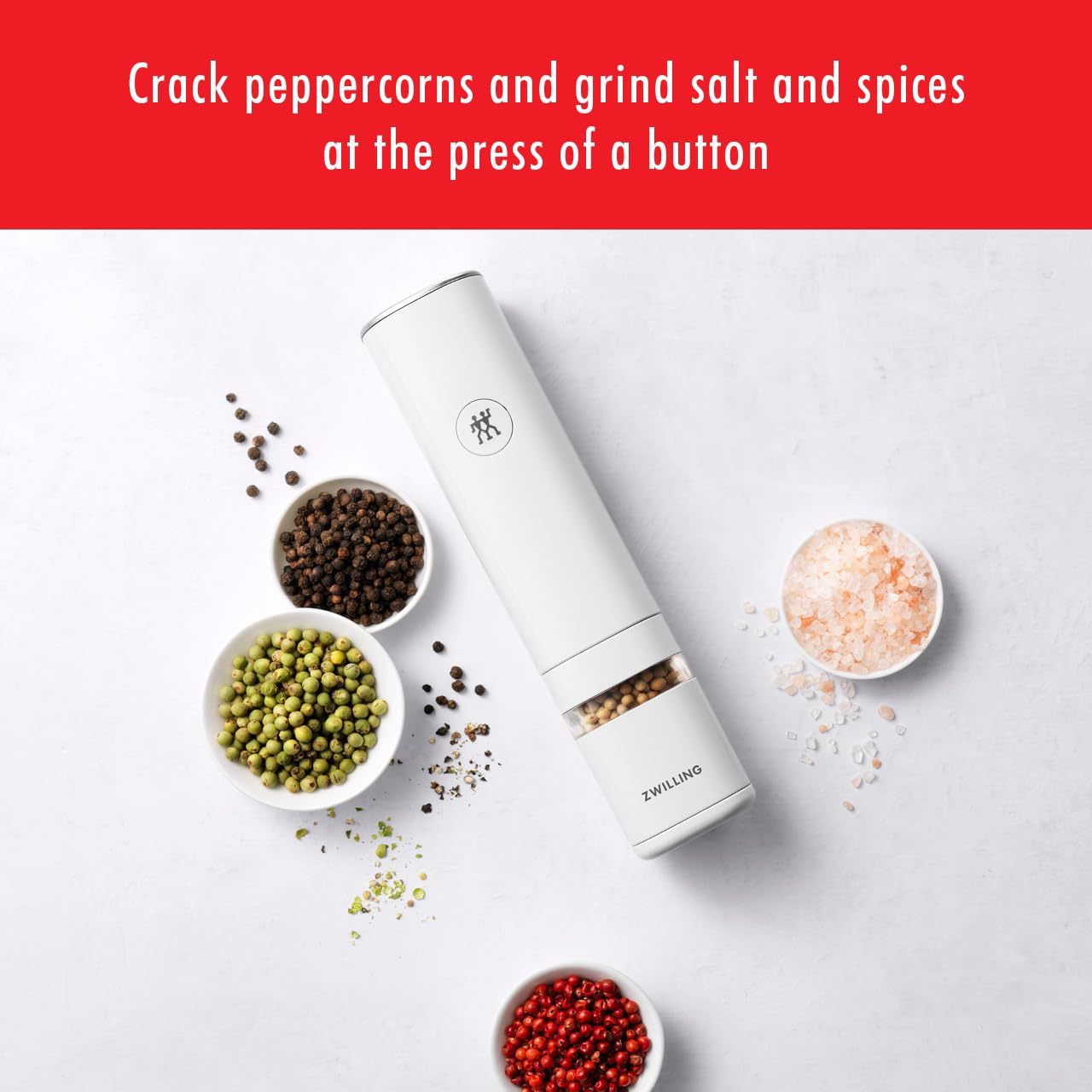ZWILLING Enfinigy Electric Salt and Pepper Mill Set - Battery Operated, Adjustable Grinder for Fresh Seasoning - Perfect for Kitchen, Dining Table, and Gourmet Cooking - White