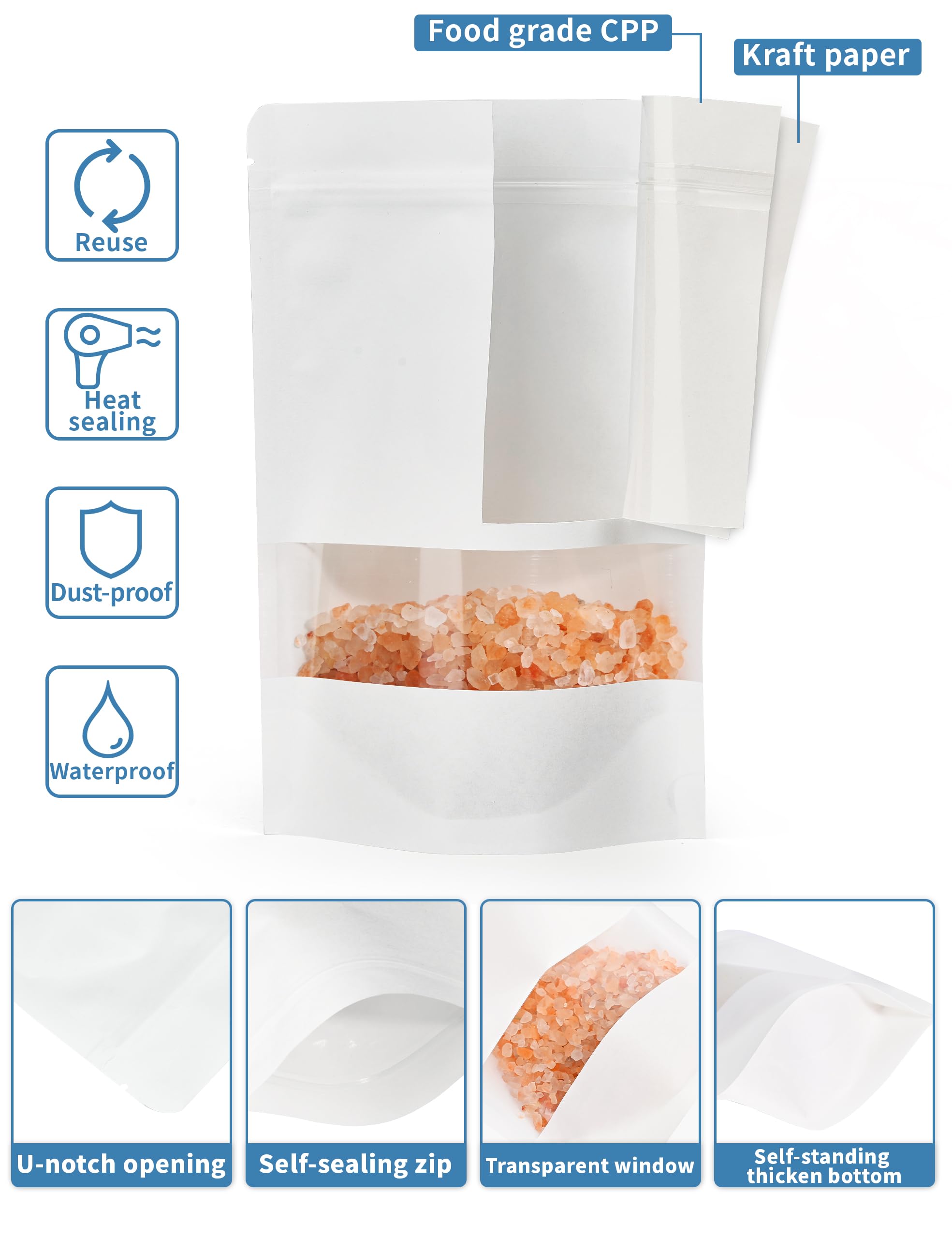 100 Pcs White Kraft Paper Bags with Window, 7.9