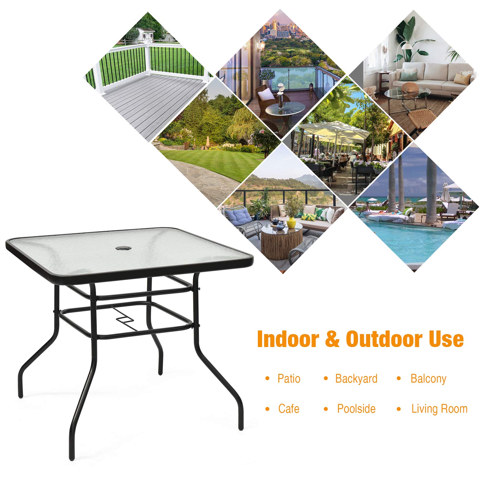 Premium Outdoor Bistro Table with Umbrella Hole & Tempered Glass Top - 32