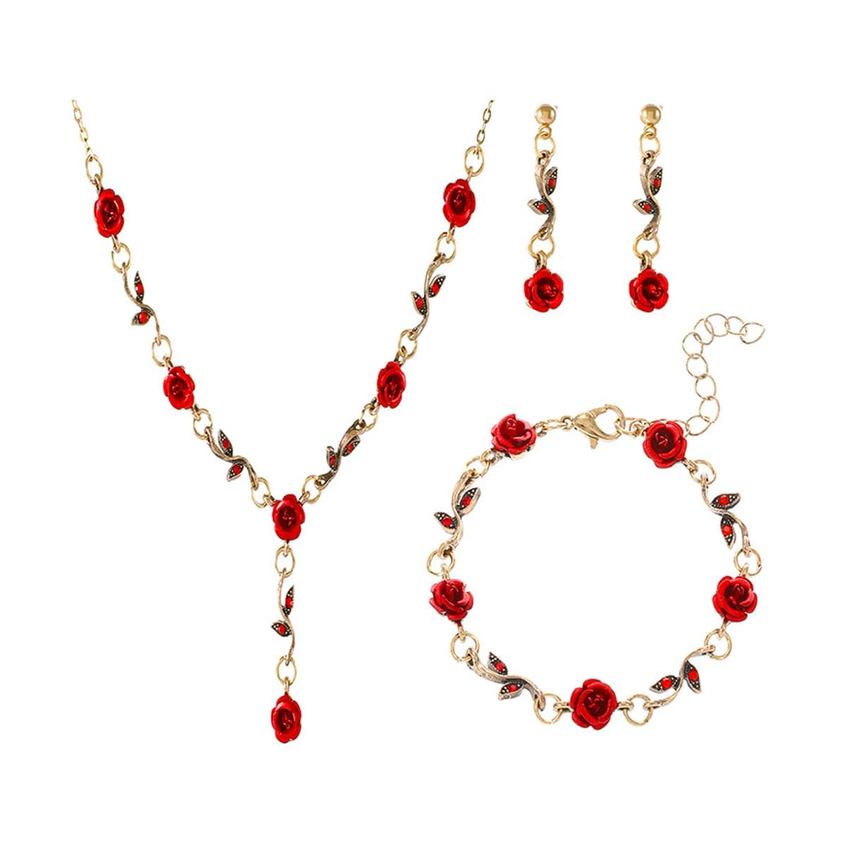 Vintage Rose Flower Jewelry Set for Women - 3Pcs Red Rose Necklace, Earrings & Bracelet - Elegant Bridal Wedding, Prom, Valentine's Day Gift - Perfect for Anniversary, Birthday Party & Special Occasions