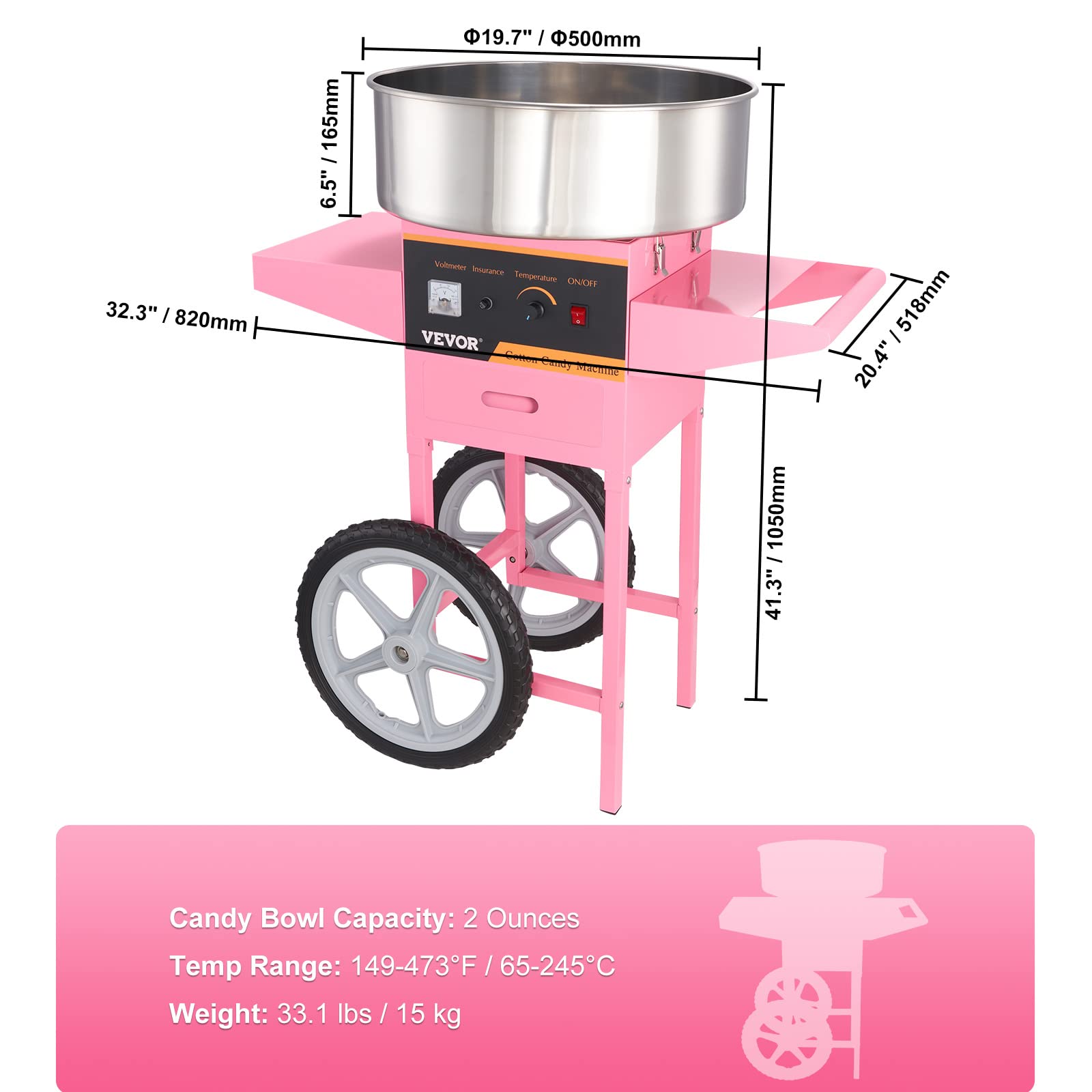 VBENLEM Commercial Cotton Candy Machine with Cart - Electric Candy Floss Maker with Stainless Steel Bowl, Sugar Scoop & Storage Drawer - Perfect for Birthday Parties, Carnival Events, and Home Use (Pink)