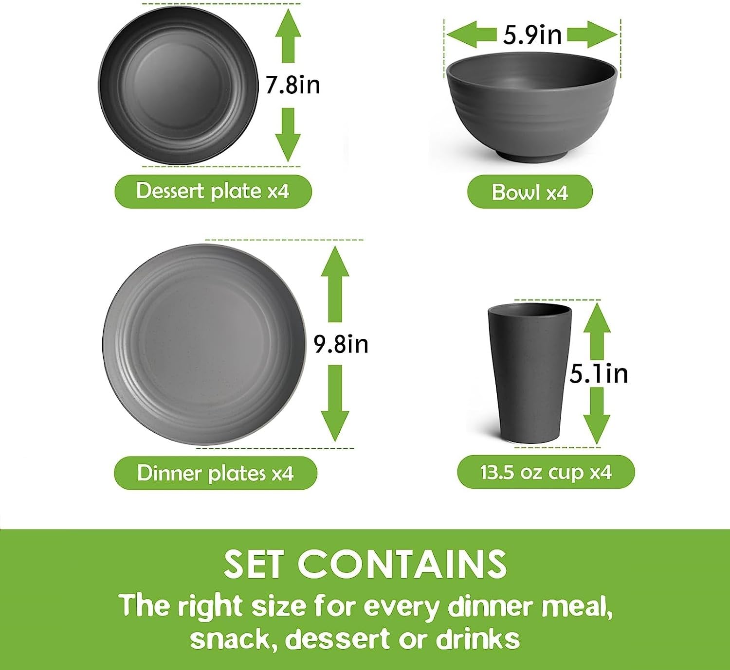 Teivio 16-Piece Unbreakable Plastic Dinnerware Set for 4 - Includes Dinner Plates, Dessert Plates, Bowls & Cups - Durable Gray Ombre Kitchenware for Indoor/Outdoor Use - Perfect for Camping, Picnics & Everyday Dining