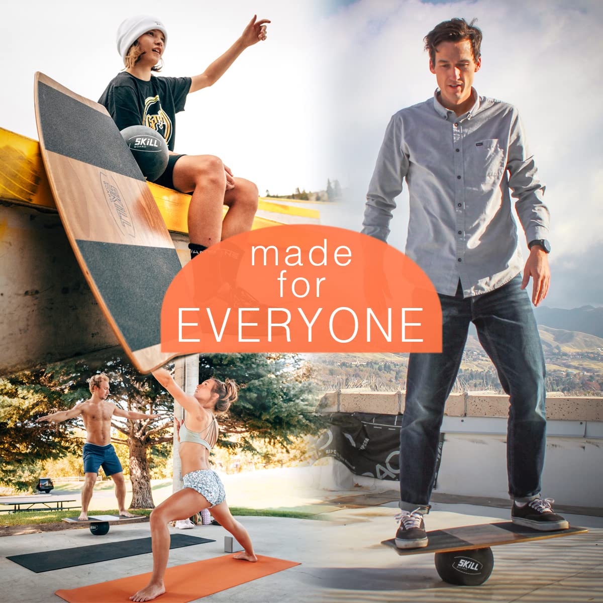 The Skill Board - Premium Wooden Balance Board for Adults & Teens - Wobble Board Trainer for Fitness, Yoga, Surfing, Skate Training - Perfect for Home Gym, Office Standing Desk, Outdoor Games - Includes Exercise Ball, Pump & Non-Slip Grip Tape