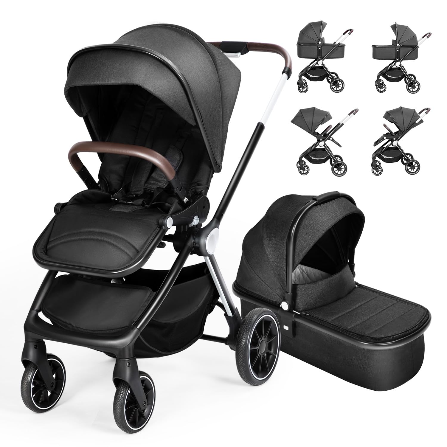 SIMPLGIRL Full-Size Baby Stroller with Removable Bassinet & Reversible Seat - Lightweight Travel Stroller for Newborns & Toddlers - Smooth Glide Wheels for Park Walks & Shopping Trips - Black