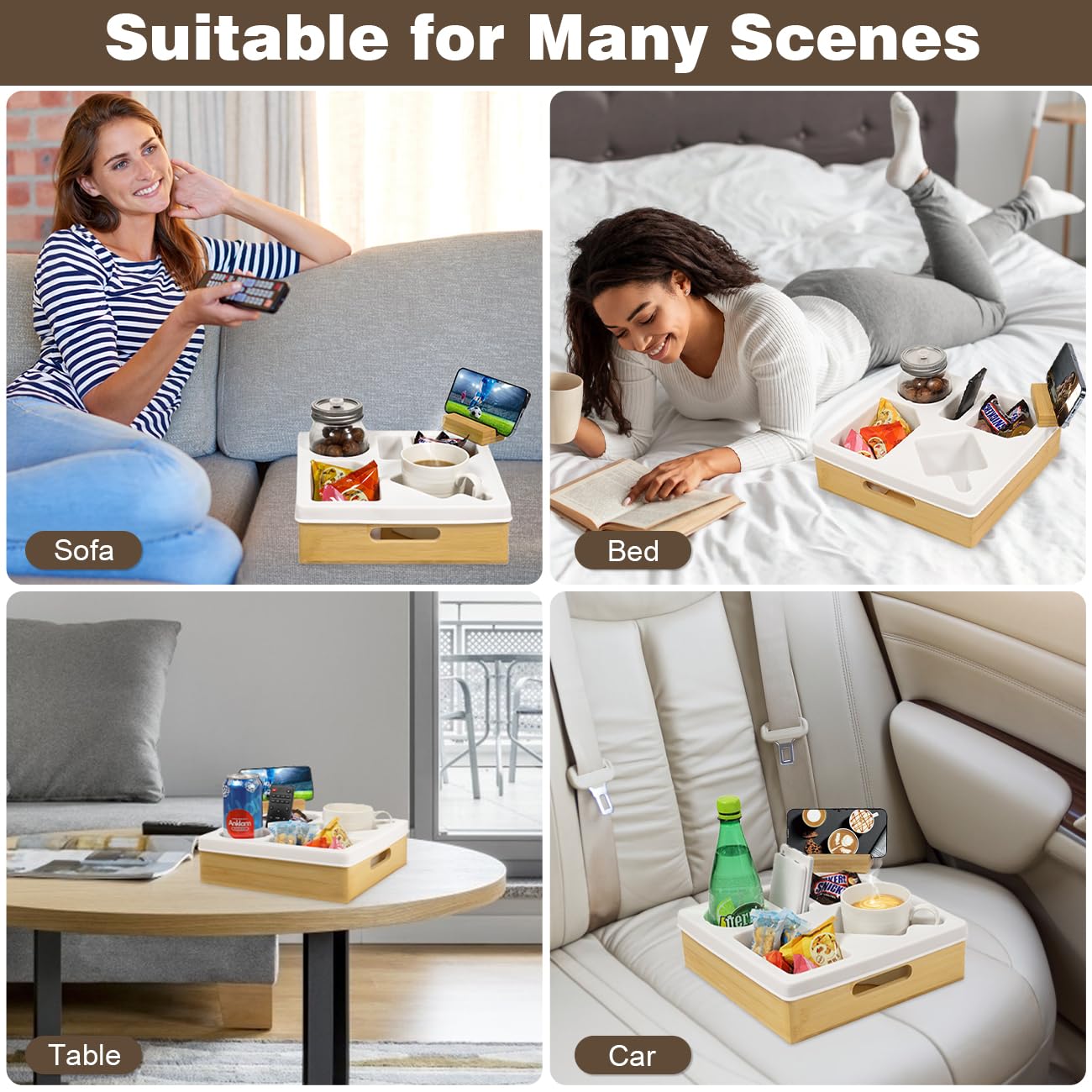 Rotatable Couch Cup Holder Tray with Phone Stand - Waterproof Sofa Organizer for Beverages, Snacks & Remote Control - Perfect for Living Room, Bedroom & Home Theater (White)