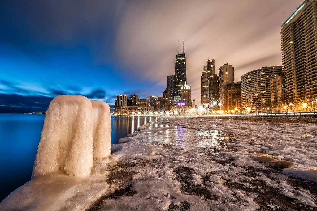 Lake Michigan Frozen Chicago Illinois Skyline Wall Art Print - 36x24 Inches Winter Cityscape Photo Poster for Home & Office Decor