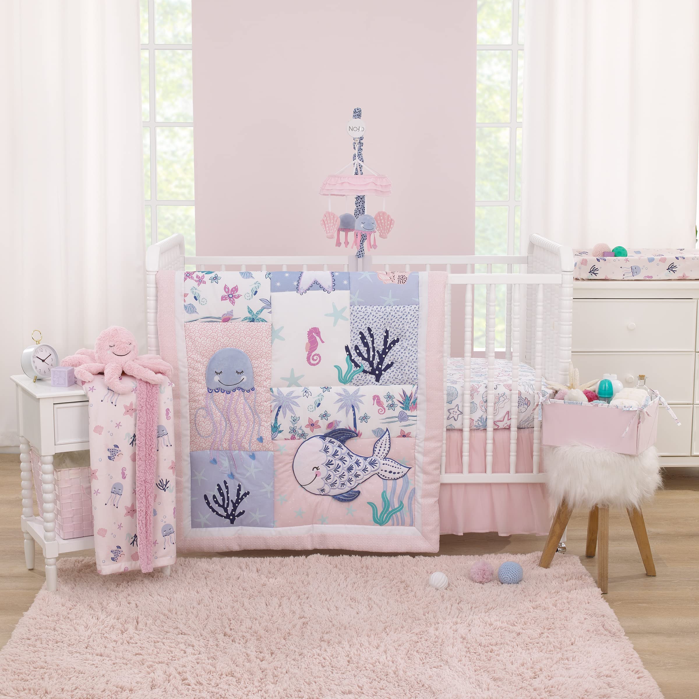 NoJo Mermaid Lagoon 4-Piece Nursery Crib Bedding Set - Pink Blue White Ocean Theme Baby Crib Set with Comforter, Fitted Sheet, Skirt & Storage Caddy | Perfect for Girls' Underwater Themed Nursery Decor & Baby Shower Gifts