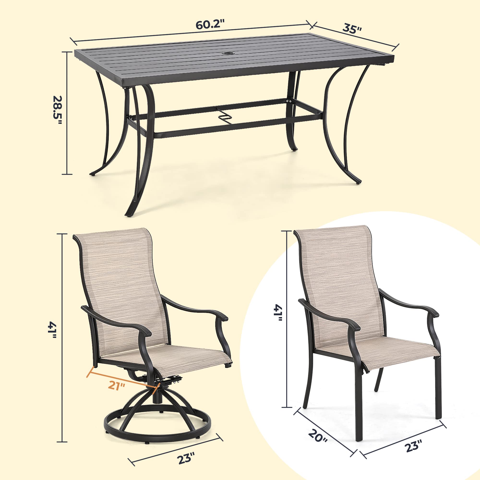 7-Piece Outdoor Dining Set by BACKYADOOR - All-Weather Textilene Patio Furniture with Metal Table (Umbrella Hole) & 6 Chairs - Perfect for Lawn, Deck, Backyard & Poolside (Khaki) | Durable Outdoor Entertaining & Relaxation Solution