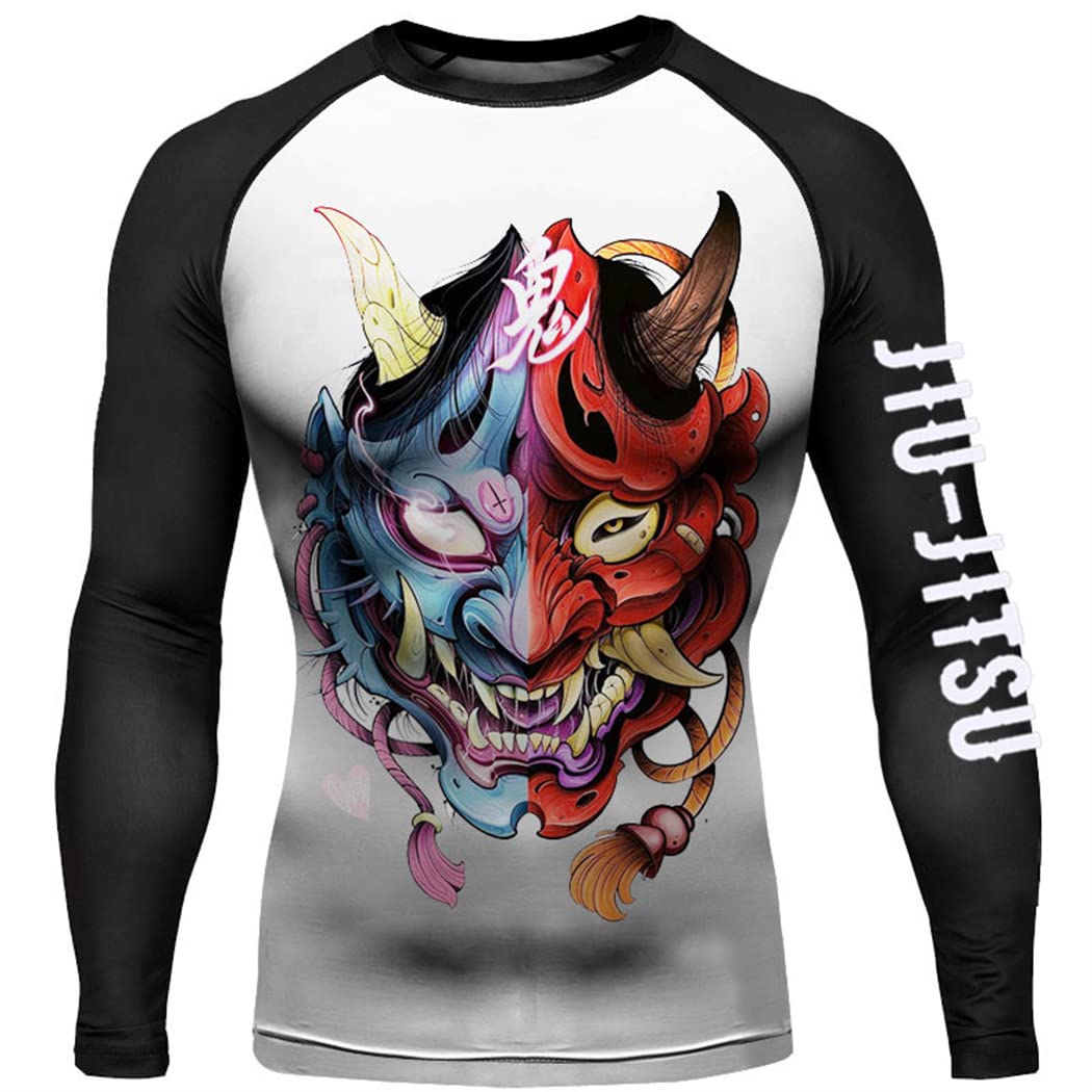 Japanese Oni Samurai Rash Guard Fitness Compression Shirt - Red Prajna Tee for MMA, BJJ & Workout - Moisture Wicking UV Protection Martial Arts Training Top