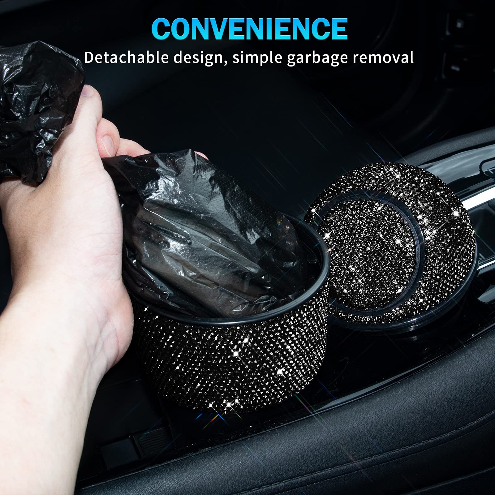 Bling Crystal Car Trash Can with Lid - Mini Auto Garbage Bin for Car, Office & Home - 5 Pack Disposable Bags Included - Perfect for Women's Vehicles, Cup Holder & Small Space Organization (Black)