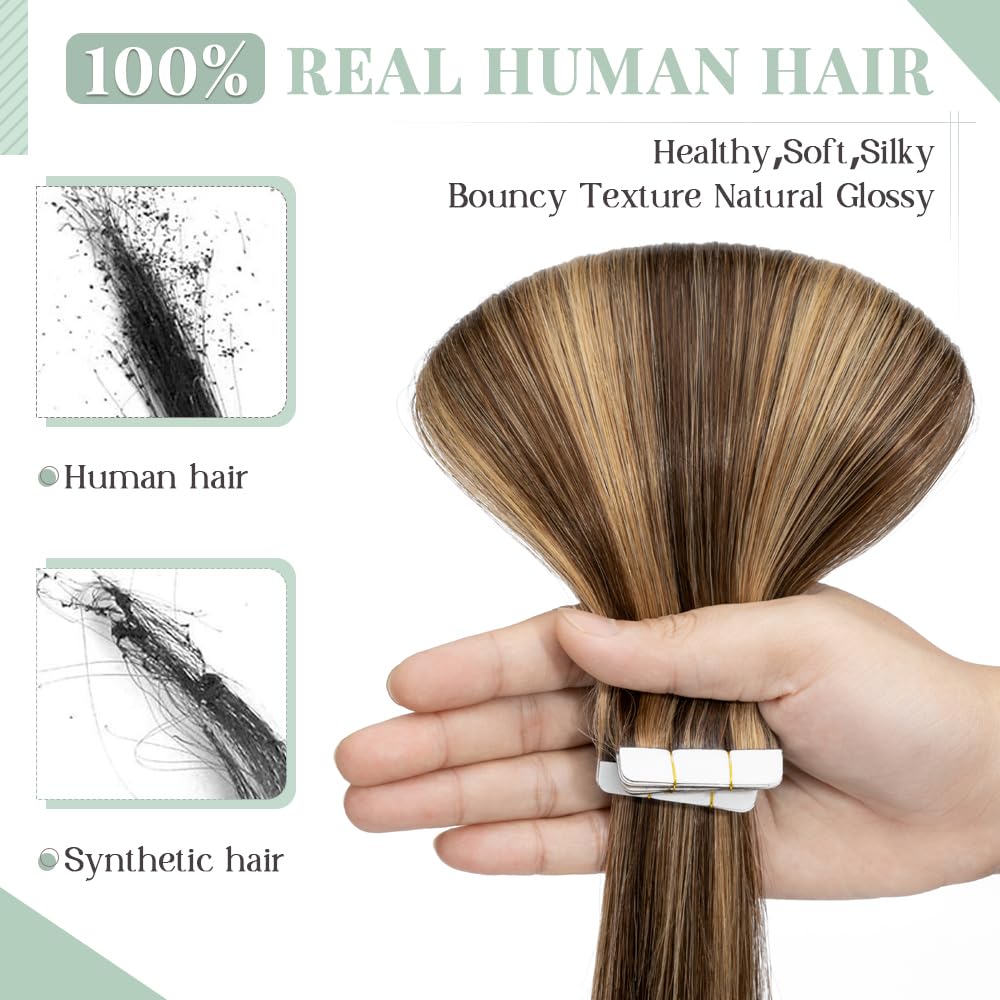 20pcs Tape in Hair Extensions 20 Inch - 100% Remy Human Hair, Double Sided, Seamless, Balayage Medium Brown with Dark Blonde Highlights (#4P27) - Perfect for Parties, Weddings & Everyday Styling