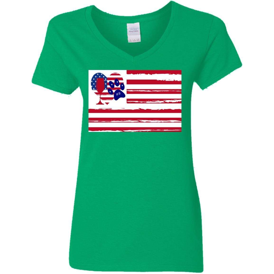 American Flag Wine Paw Heart V-Neck T-Shirt for Women - 5.3 oz Soft Cotton Ladies Tee - Perfect for Patriotic Events, Wine Lovers & Pet Owners