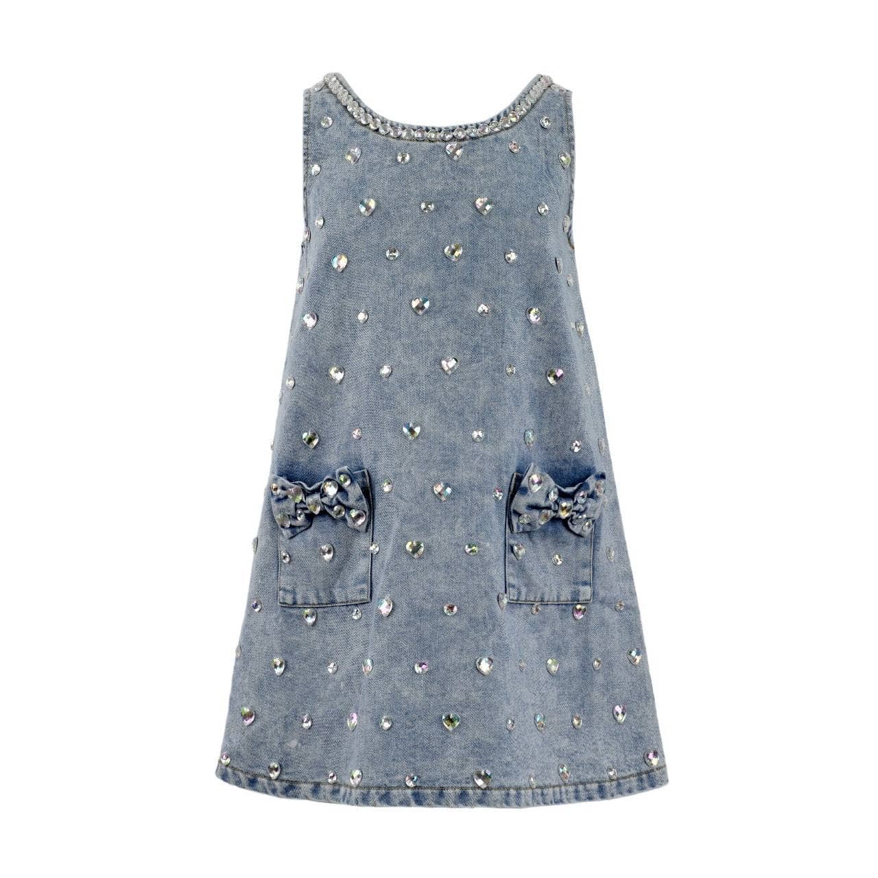 Lola & The Girls Sparkling Crystal Embellished Denim Dress for Kids - Perfect for Birthday Parties, Photo Shoots & Special Occasions