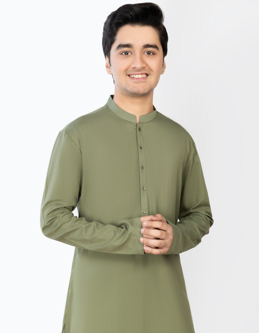 Stylish Cotton Green Kurta by J. Junaid Jamshed - Comfortable Traditional Pakistani Dress for Men - Perfect for Eid, Weddings & Casual Wear