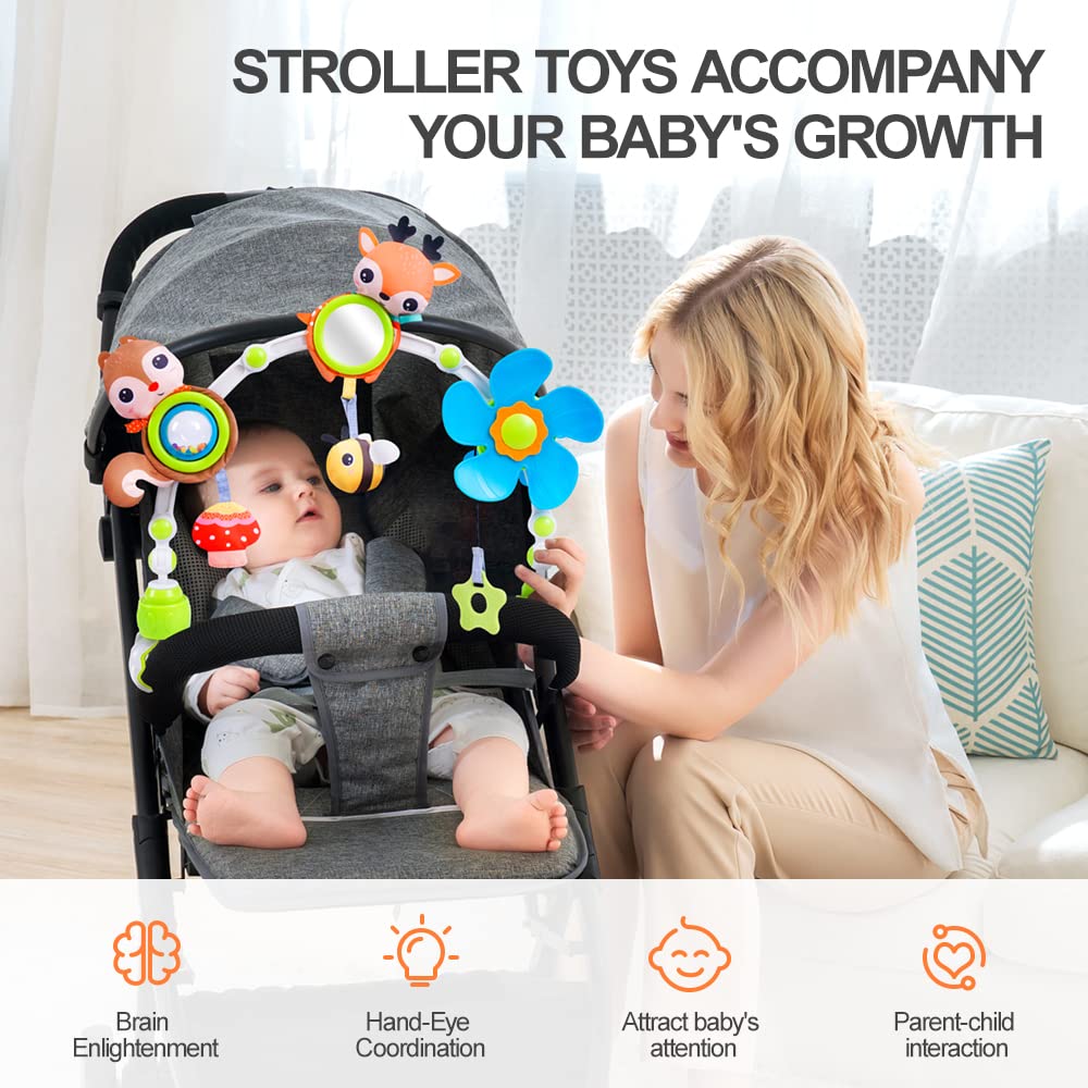 Koty Baby Stroller Arch Toy with Teether, Rattle, Crinkle Sound, Mirror & Music Box - Sensory Activity Toy for Newborns 0-12 Months - Adjustable for Car Seats, Strollers & Bouncers - Perfect for Travel, Playtime & Developmental Stimulation (Deer Design)