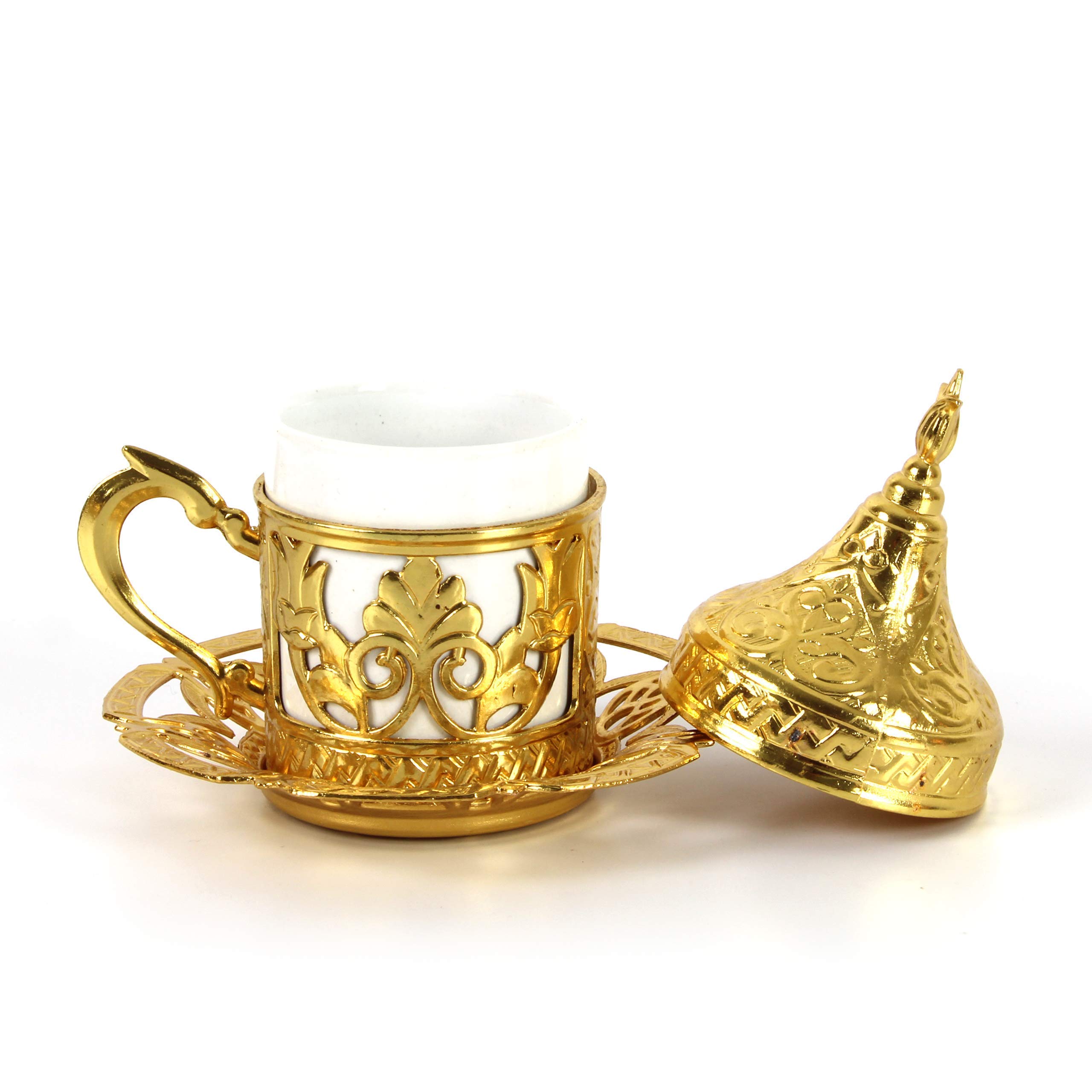 27-Piece Handmade Turkish Coffee Set with Gold Zamak Cups, Saucers, Sugar Bowl & Tray - 6-Person Espresso & Tea Serving Set - Perfect for Home Entertaining, Gift Giving & Traditional Coffee Ceremonies (CS6-203)