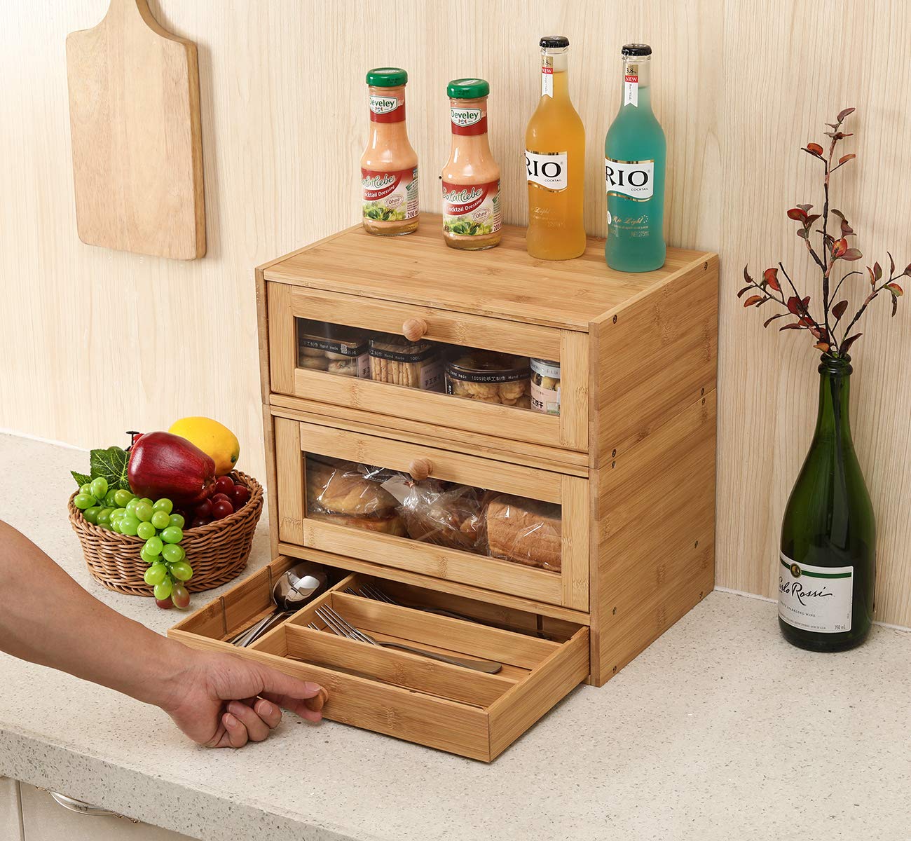 **2-Tier Bamboo Bread Box with Window & Utensil Drawer - Stackable Kitchen Countertop Storage for Bread, Buns & Pastries - Natural Wood Organizer for Small Spaces**