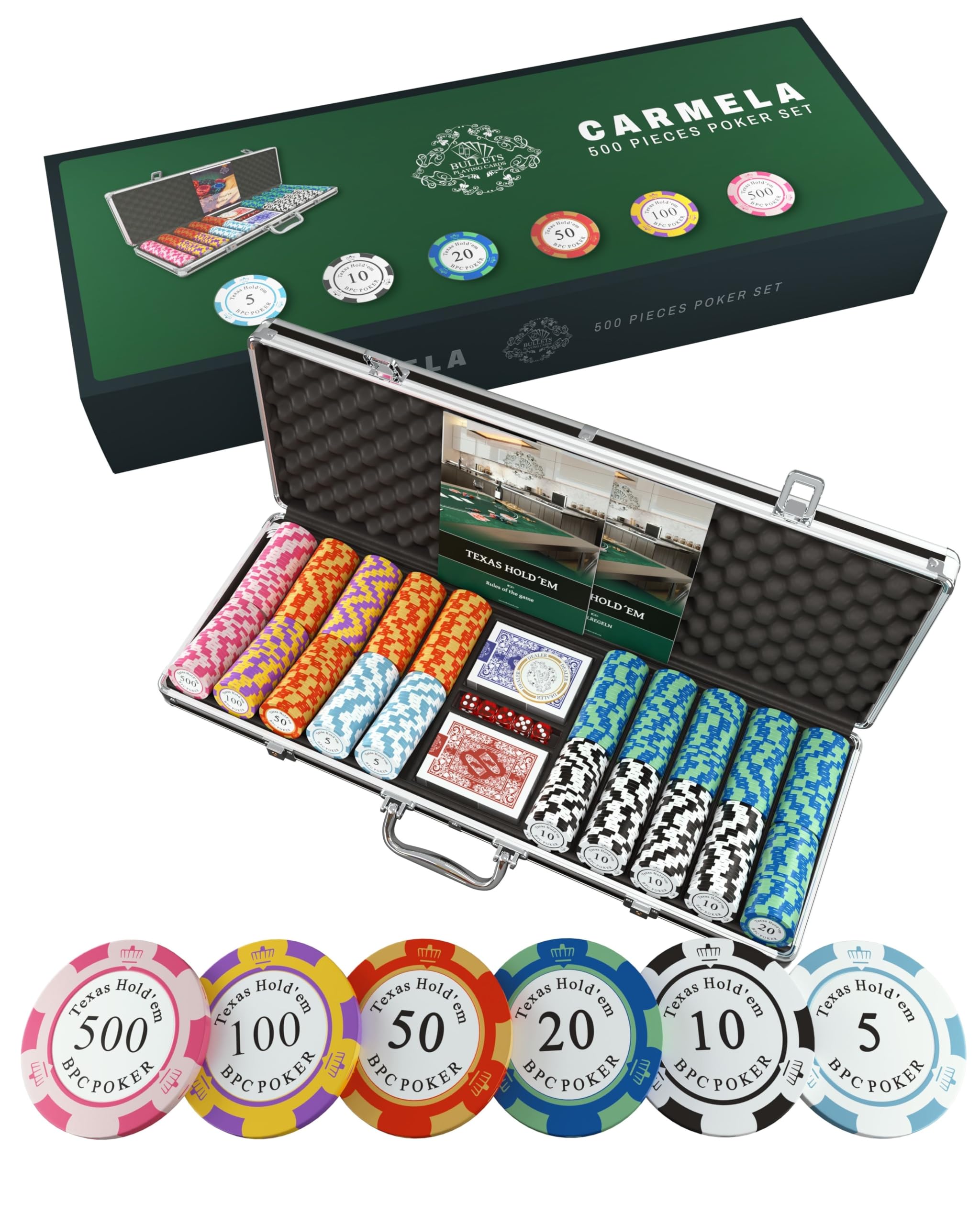 Premium 500 Clay Poker Chips Set with Cards, Dice, Dealer Button & Travel Case – Complete Texas Hold'em Kit for Casino Nights, Home Games & Poker Tournaments – Durable Carmela Style Poker Chips for Professional & Casual Play