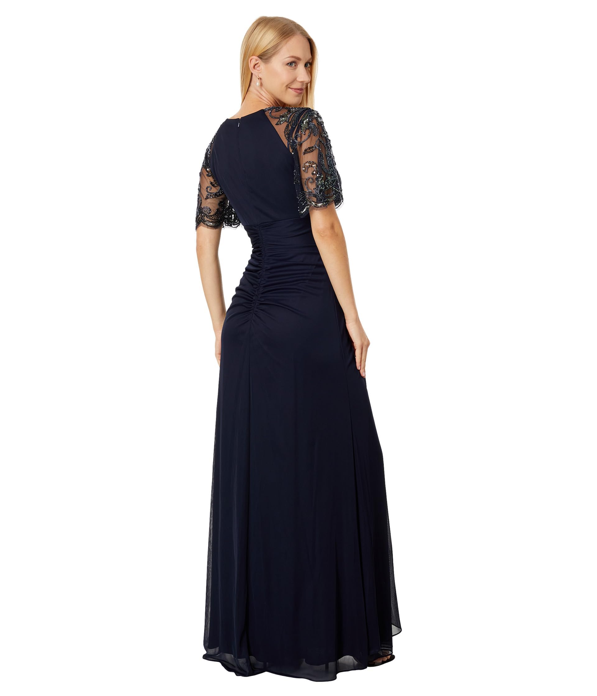 Xscape Long Sheer Matte Jersey Ruched 3/4 Bead Sleeve Navy Blue Dress Size 14 - Elegant Evening Gown for Cocktail Parties, Weddings & Formal Events