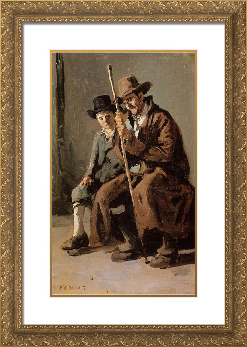 Camille Corot 'Two Italians - Old Man and Young Boy' 18x24 Gold Ornate Framed Art Print with Double Matting - Perfect for Living Room, Bedroom & Office Wall Decor