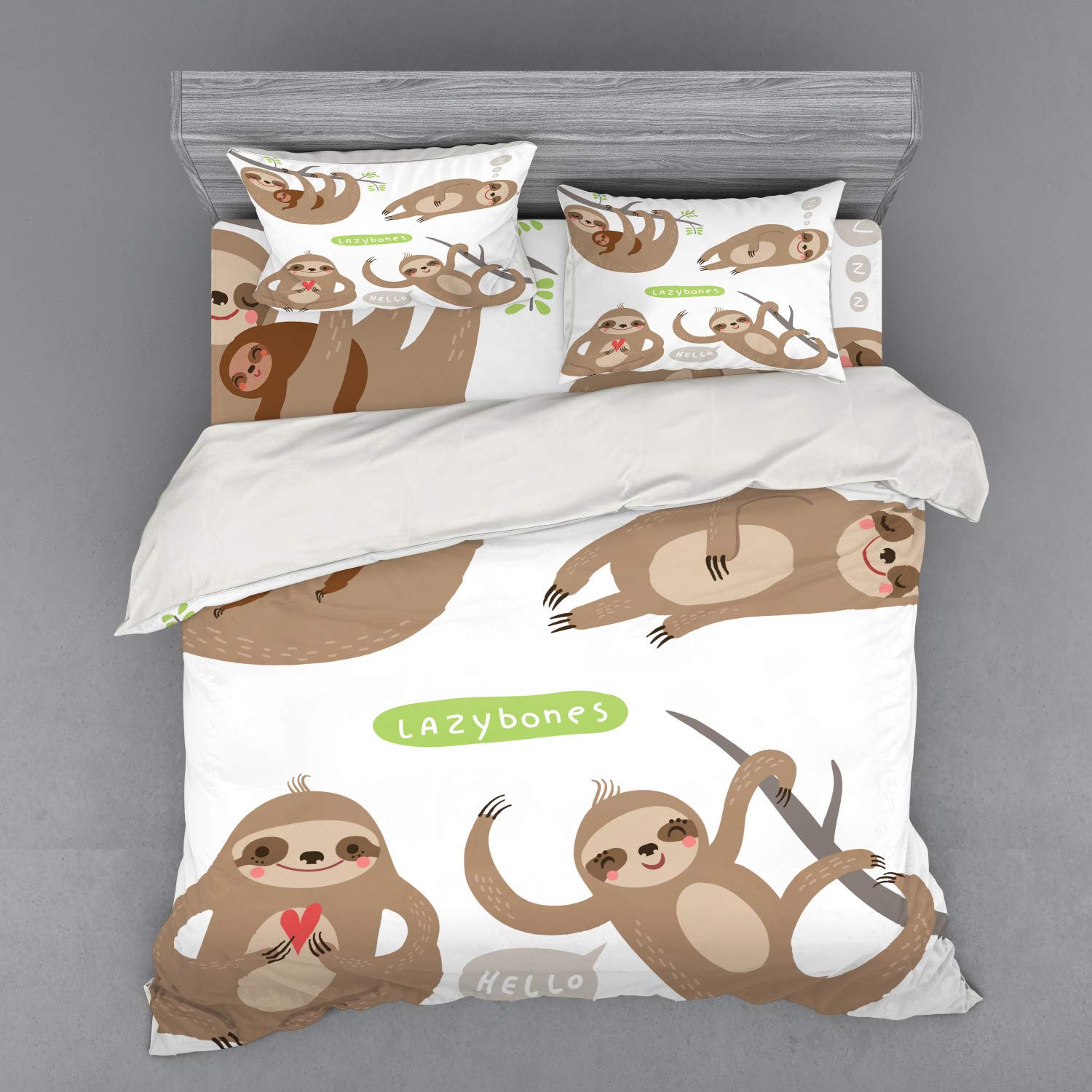 Ambesonne Sloth Duvet Cover Set - 4 Piece King Size Bedding with Shams & Fitted Sheet, Funny Lazy Sloths Hugging Family Design in Pale Brown Grey Green - Perfect for Kids' Rooms, Nursery Decor or Cozy Family Bedrooms
