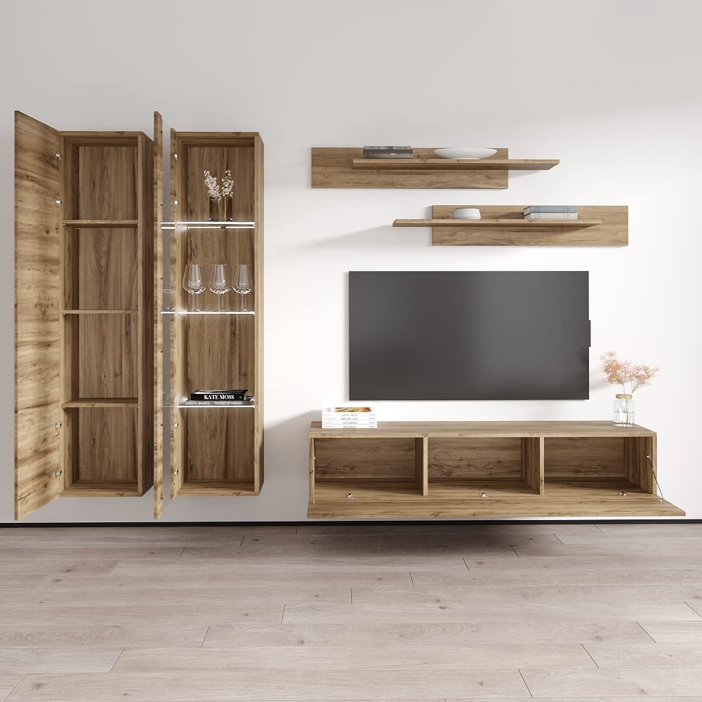 Modern Floating TV Stand with Storage Shelves & LED Lights - Wall Mounted Entertainment Center for Bedroom & Living Room - Oak Wood TV Console for 30-55 Inch TVs - Perfect for Small Spaces & Home Theater Setup