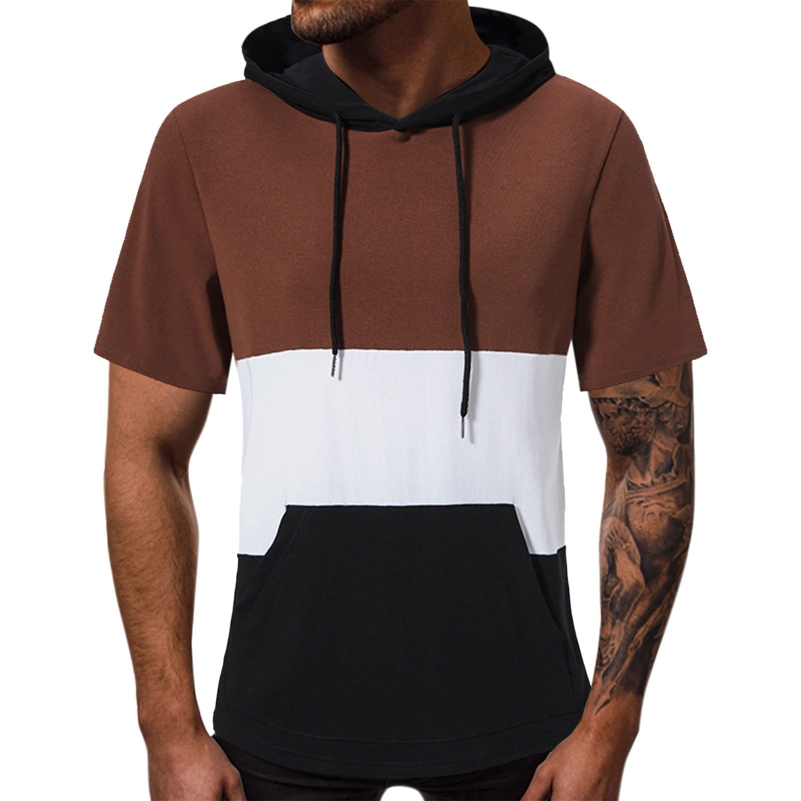 Men's Plus Size Colorblock Loose Hooded T-Shirt - Short Sleeve Casual Top for Spring & Summer | Travel, Outdoor Activities & Everyday Wear