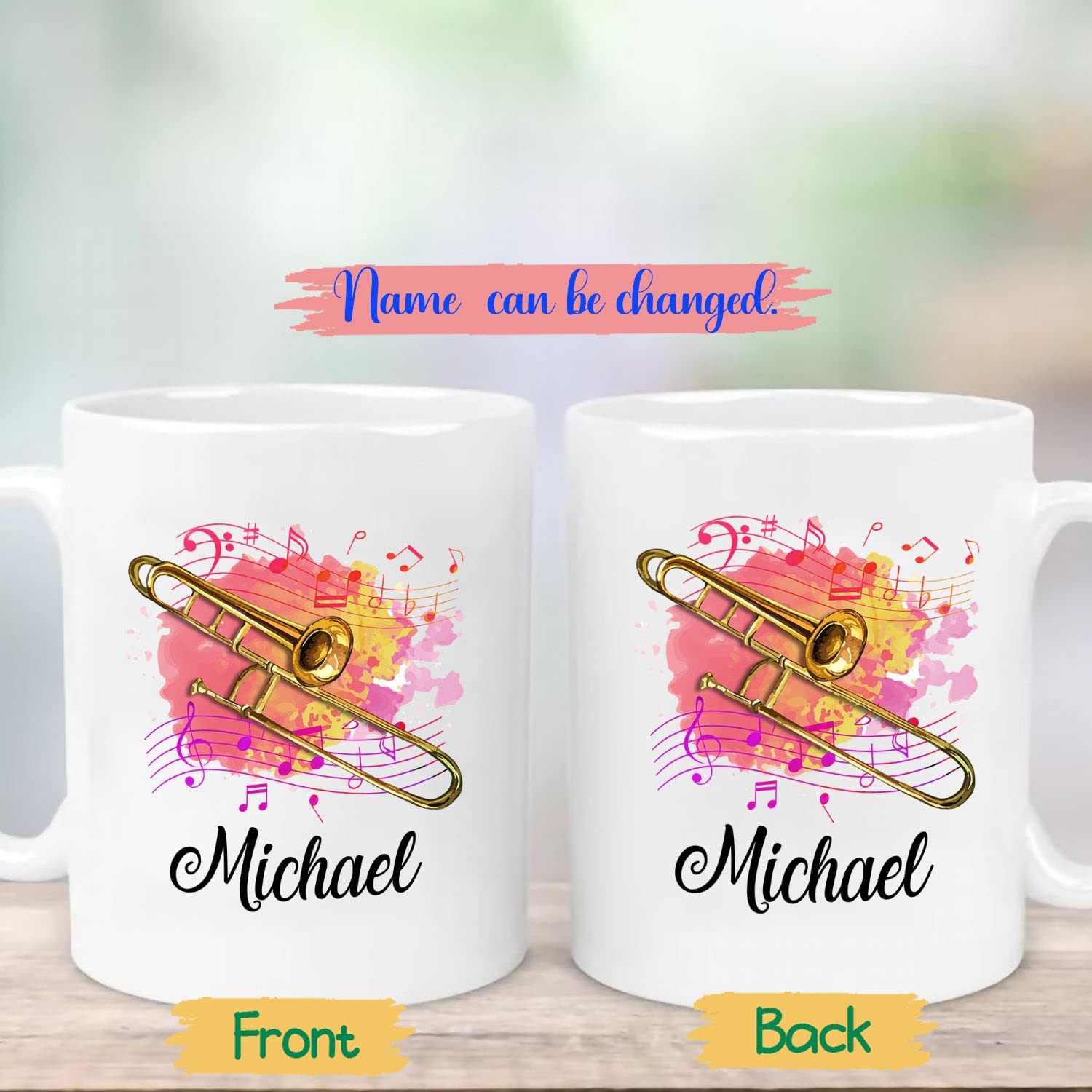 **Personalized Trombone Coffee Mug 11-15 Oz - Custom Name Trombone Player Travel Mug - Unique Gift for Musicians, Men & Women - Perfect for Birthdays, Band Rehearsals & Coffee Breaks**