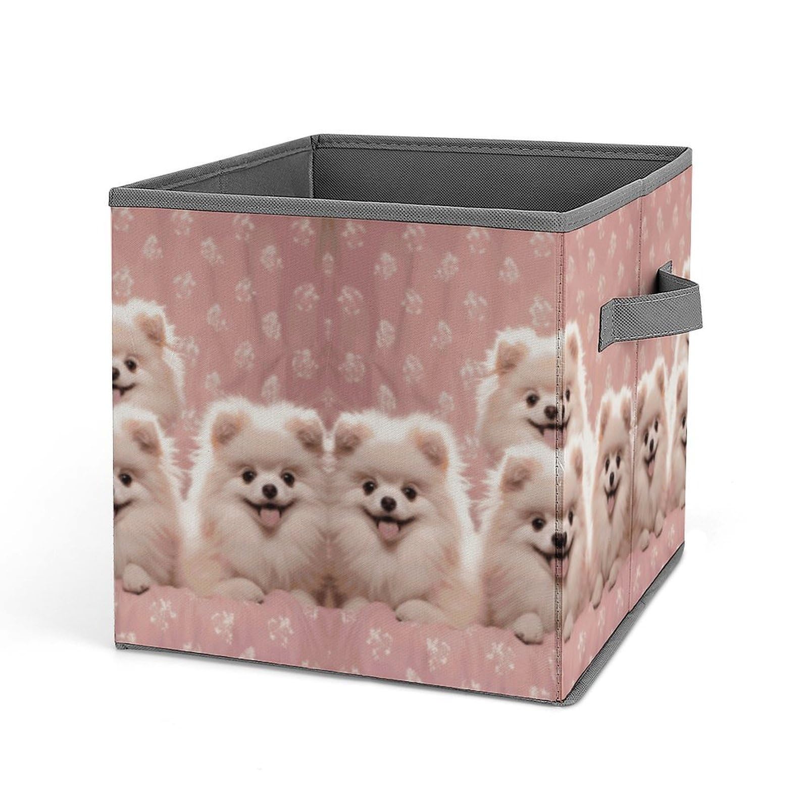 Collapsible Storage Cubes with Handles - 10.6×10.6 Inch Foldable Fabric Bins for Home Organization (Pomeranian Puppy Print) - Perfect for Closet, Nursery, Office & Toy Storage
