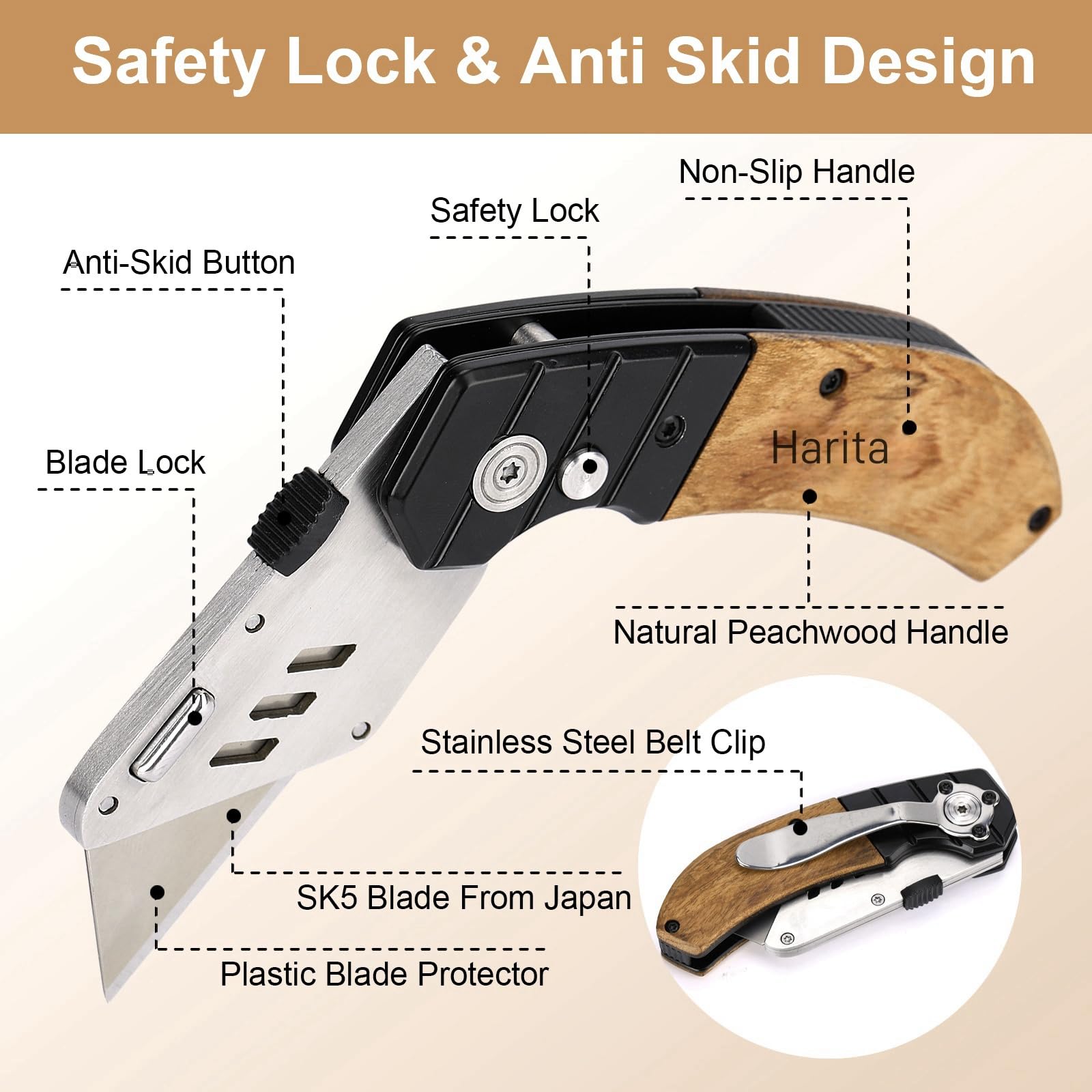 Harita Heavy Duty Utility Knife with Wood Handle - Quick-Change Safety Lock, Includes 5 Extra Blades & Belt Clip - Perfect for Construction, Warehouse, and DIY Projects