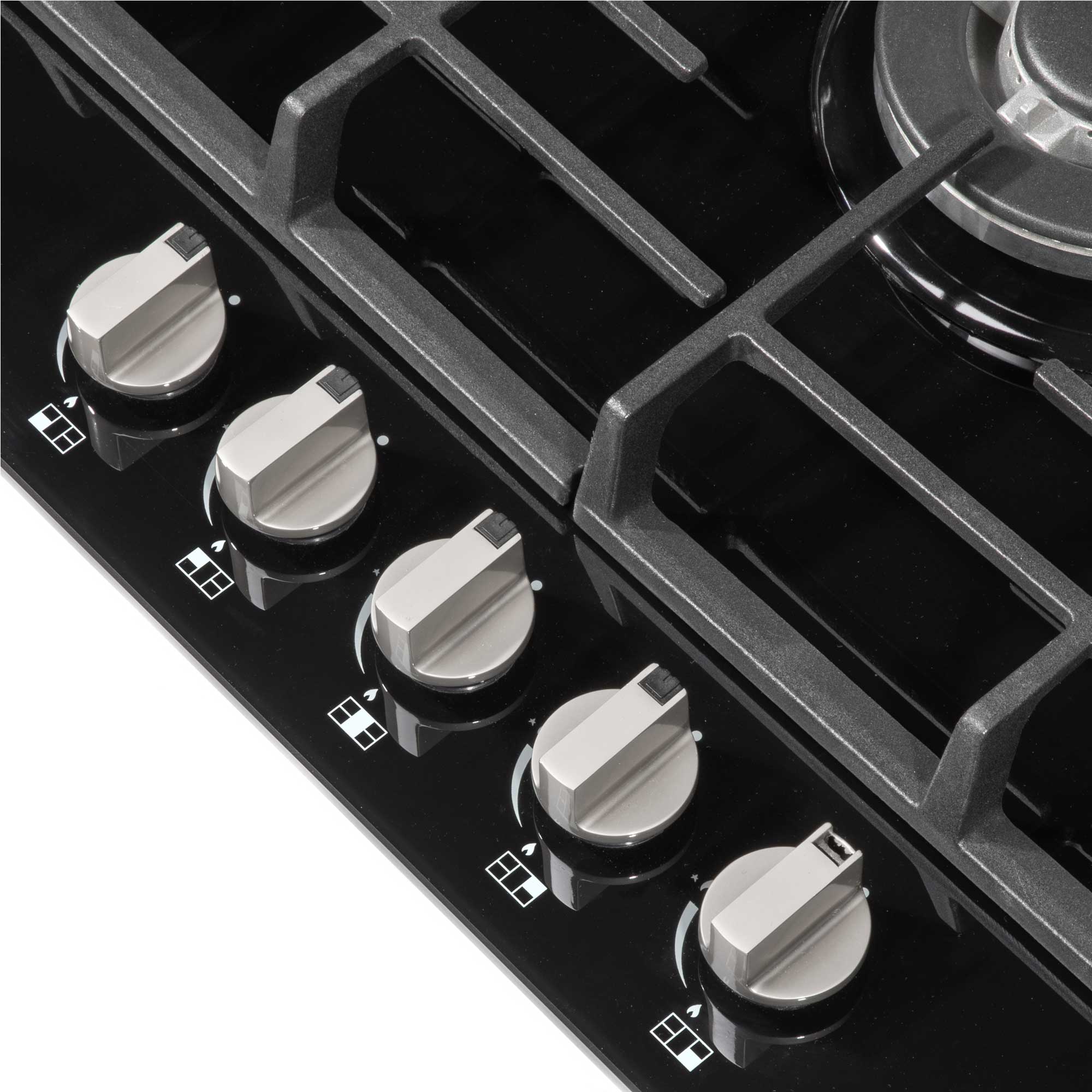 Baridi 70cm Built-In Gas on Glass Hob - 5 Burner Stove with Cast Iron Pan Supports, Black Glass (DH228) - Perfect for Modern Kitchens & Professional Cooking