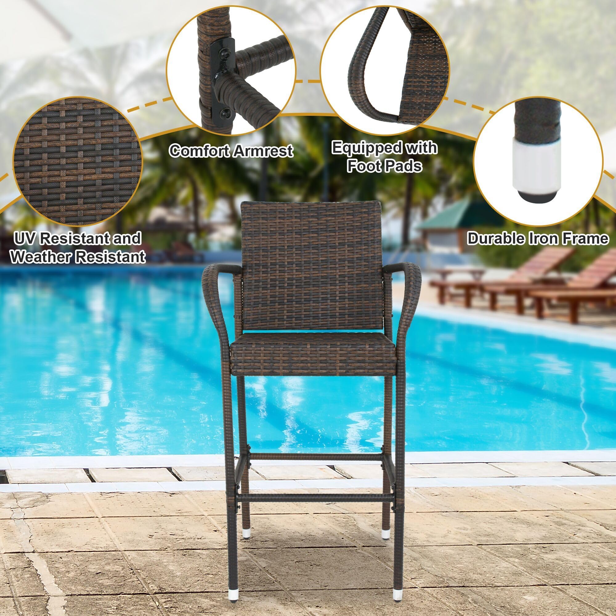 ZENY Set of 2 All-Weather Wicker Bar Stools with Armrests - Outdoor Patio Dining Chairs for Backyard, Poolside & Garden Seating