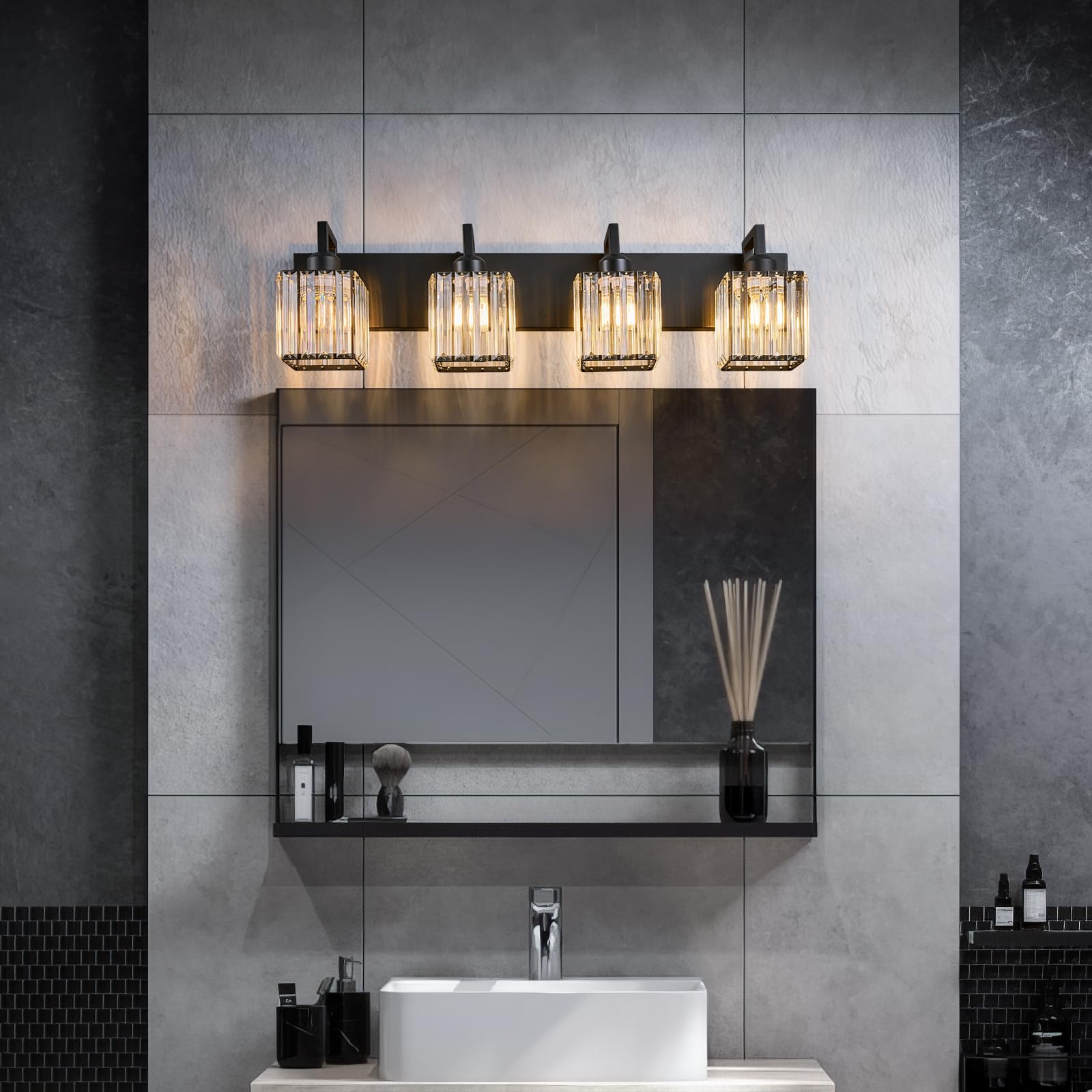 Modern Crystal Bathroom Vanity Light - 4-Lights Black Wall Lamp for Bathroom & Dressing Room