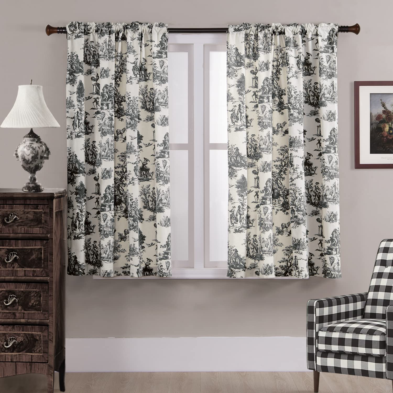 Modern Farmhouse Cotton Semi-Sheer Toile Print Kitchen & Bathroom Curtains - Grey Black Rod Pocket Design, 40 x 48 Inch (Set of 2 Panels) for Small Window Privacy - Perfect for Farmhouse, Cottage & Vintage Style Home Decor
