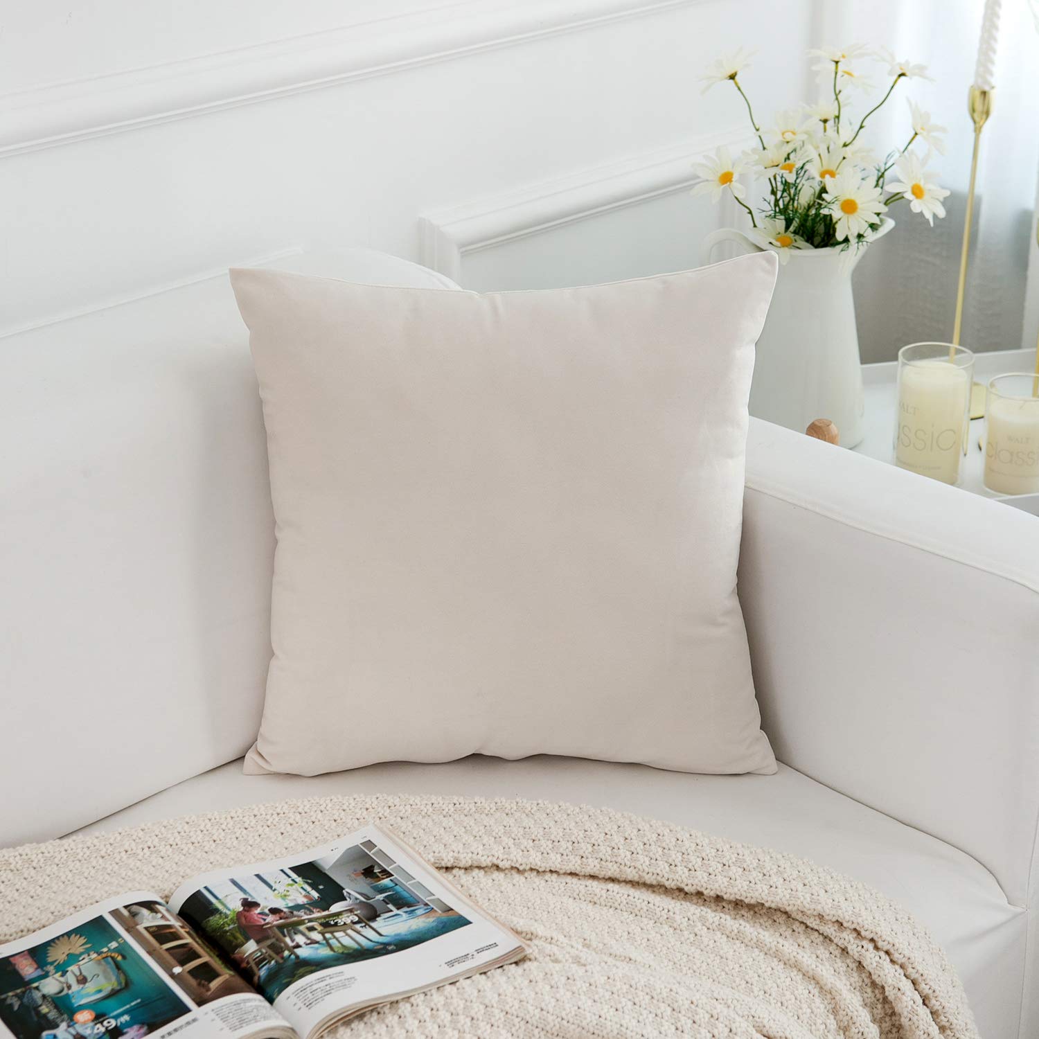 RainRoad Velvet Decorative Throw Pillow Covers 18x18 Inch - Soft Square Cream Cushion Covers for Sofa, Couch, Bed & Chair - Set of 2 - Perfect for Living Room Decor, Bedroom Accents & Home Styling