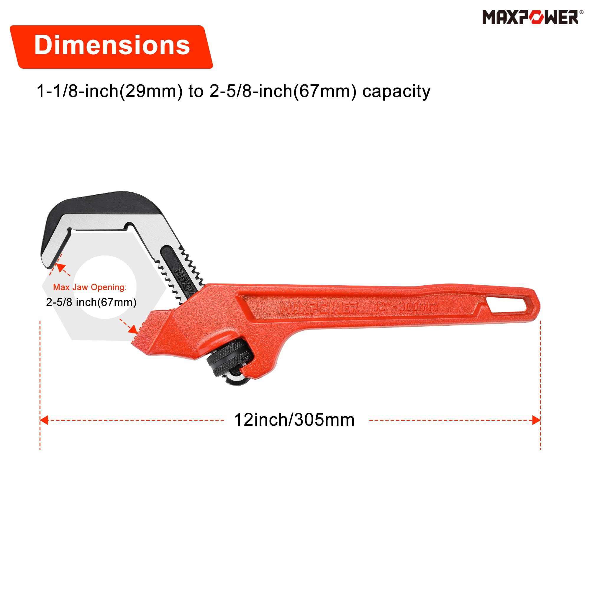 MAXPOWER 12 Inch Adjustable Offset Hex Wrench - Red Cast Iron for Automotive, Bicycle & Home Repair (Perfect for Tight Spaces & Hard-to-Reach Bolts)