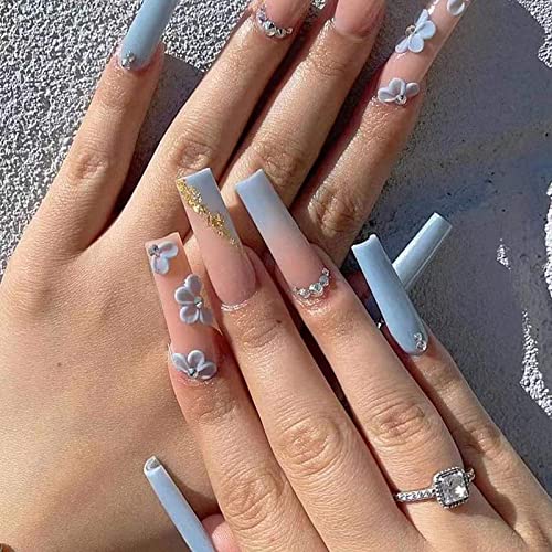 Extra Long Ballet Coffin Press-On Nails - Blue Gradient Flower Design with Bevel Edge & French Rhinestones - 24PCS Fake Nails for Women & Girls - Perfect for Parties, Weddings, and Special Occasions