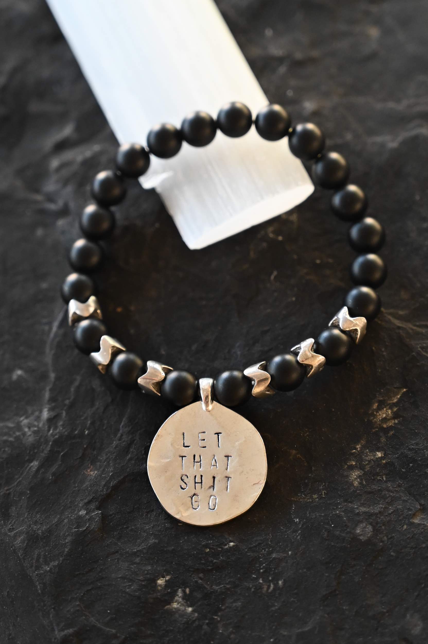 Let That Shit Go Onyx Bracelet - Black Stone Beaded Bracelet for Stress Relief & Emotional Healing - Perfect for Meditation, Yoga & Daily Wear
