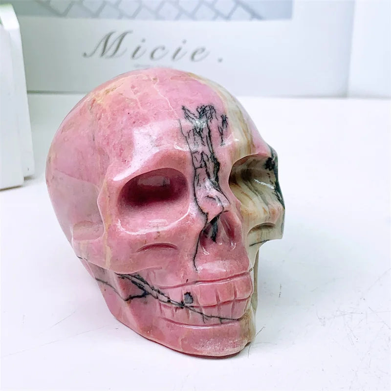 Natural Rhodonite Skull Carving - Handmade Mini Crystal Statue for Home Decor, Witchcraft Altar & Halloween Display (1PC, 676g) | Spiritual Healing Stone, Unique Gift for Collectors & Wiccan Practitioners
