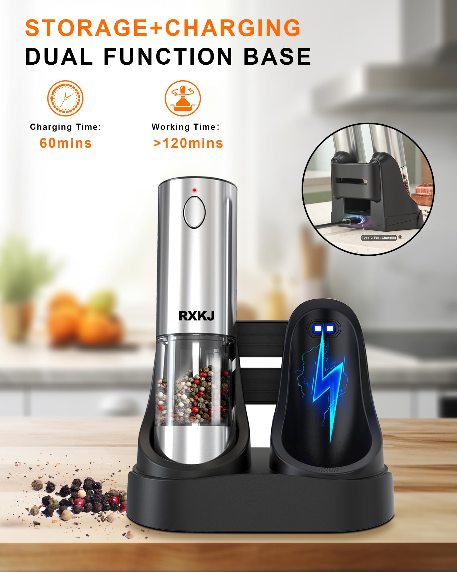 Premium Electric Salt and Pepper Grinder Set - Rechargeable Stainless Steel Automatic Spice Mill with LED Light & Adjustable Coarseness - Perfect for Home Kitchen, Dining Table, and Gourmet Cooking Gifts