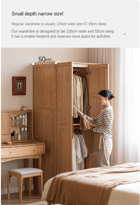 Solid Oak Wood Narrow Wardrobe - Slim Space-Saving Closet for Bedroom, Hallway, or Small Apartment