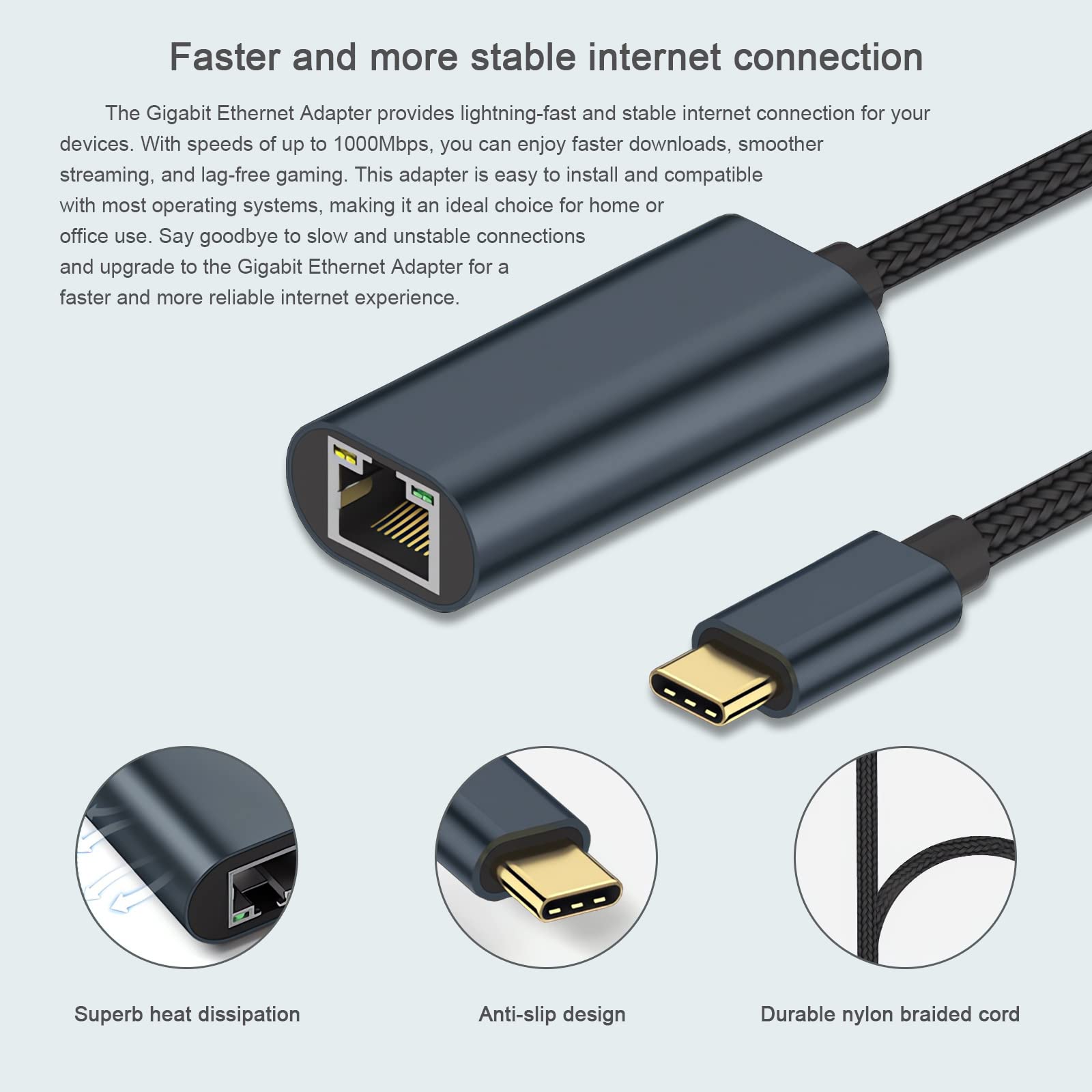 USB C to Ethernet Adapter - Gigabit LAN Network Adapter for Laptop, PC, MacBook, Nintendo Switch - Compatible with Windows, macOS, Linux - Fast Wired Internet Connection for Gaming, Streaming & Remote Work (Grey Green)