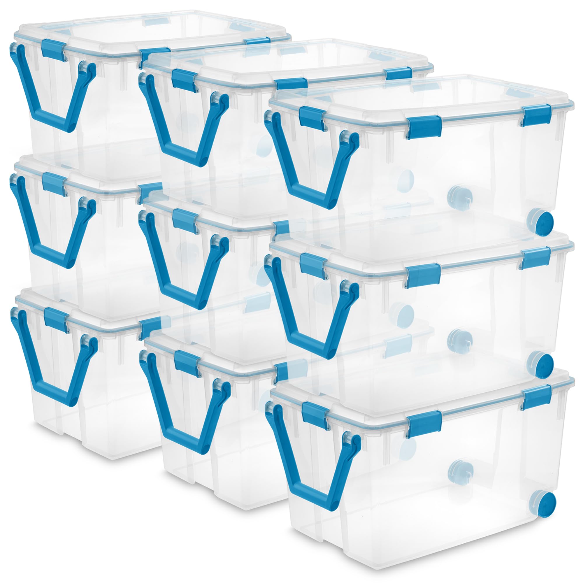 Sterilite 9-Pack 120 Quart Clear Weatherproof Storage Bins with Latching Lids and Wheels - Heavy Duty Plastic Organizer for Garage, Basement, Closet & Home Organization