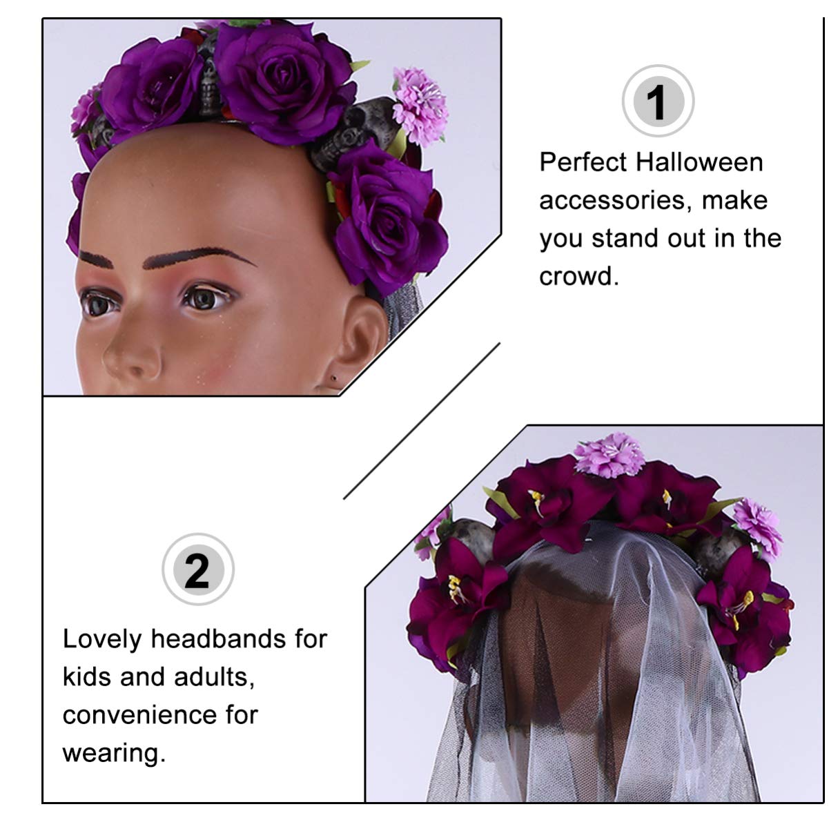 Beaupretty Day of The Dead Floral Rose Headband with Veil & Skull Decor - Gothic Halloween Hair Accessory for Women, Bridal Shower, Costume Parties & Dia de Los Muertos Celebrations